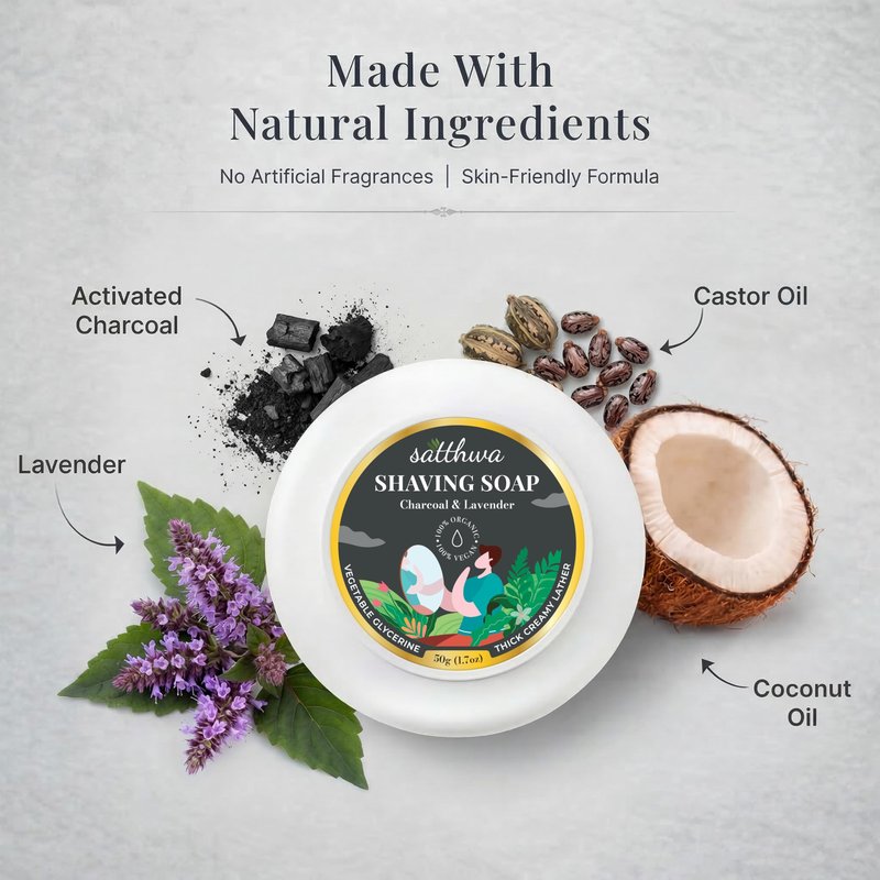 Satthwa Organic Shaving Soap Puck infused with Charcoal & Lavender | Create the Perfect Lather | Excellent for Silky Smooth Shaves | Cleansing & Nourishing, For Men & Women - 50gx2 (1.7oz x2)
