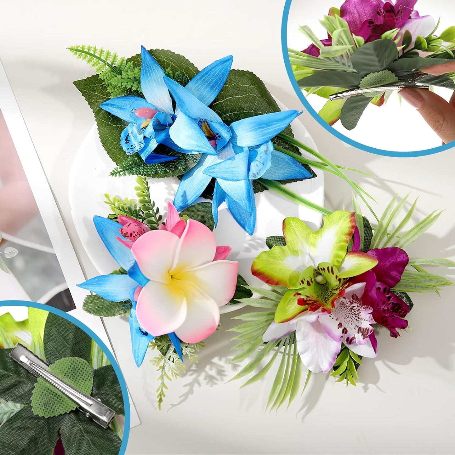 Hawaiian Flower Hair Clips - 3-Piece Set of Tropical Hair Pins | Artificial Floral Accessories in Blue, Pink, Purple