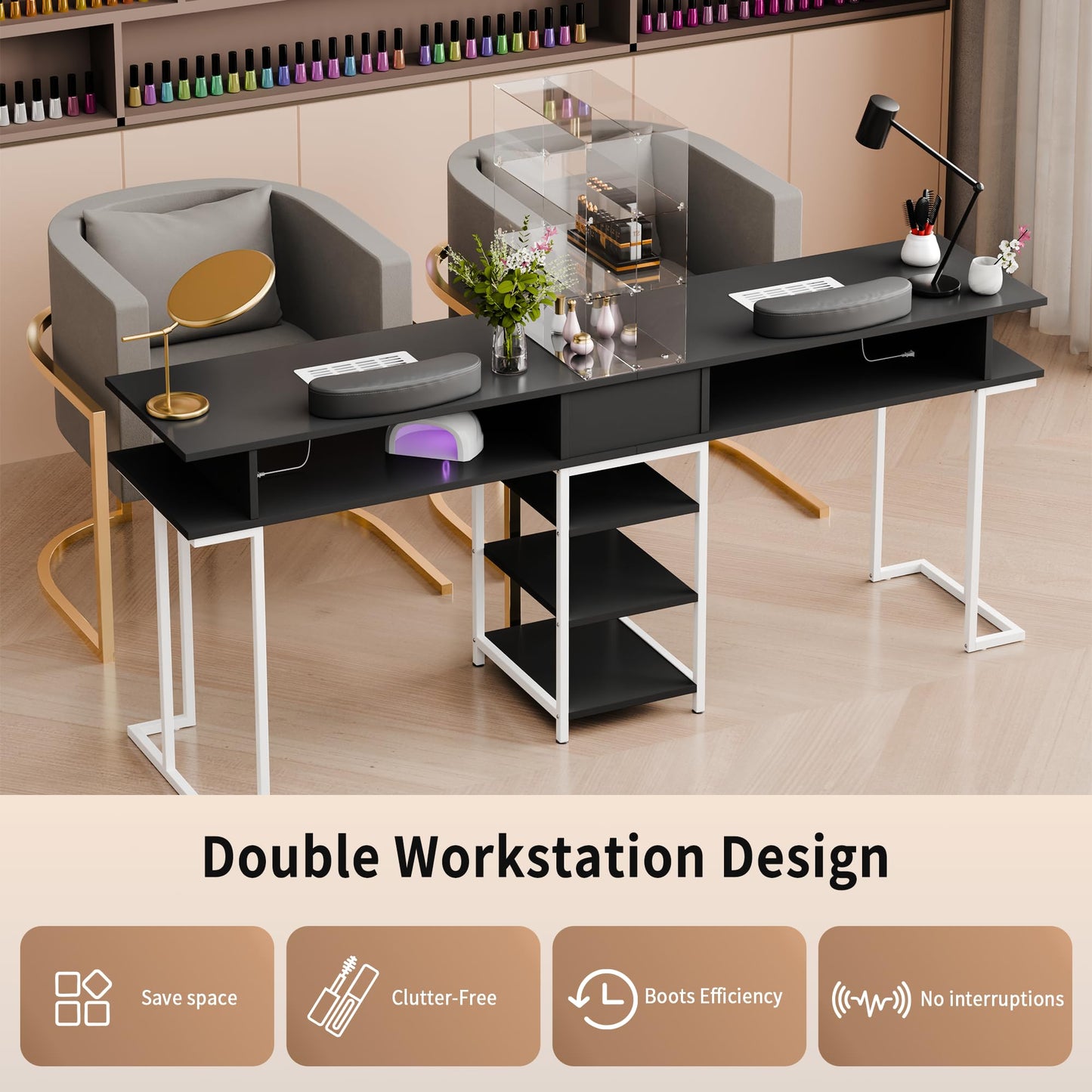 TABU Double Manicure Table,Large Nail Desk for Nail Tech with Acrylic Cabinet and Large Drawers, Beauty Salon Nail Workstation with Dust Collector and Wrist Cushion, Black