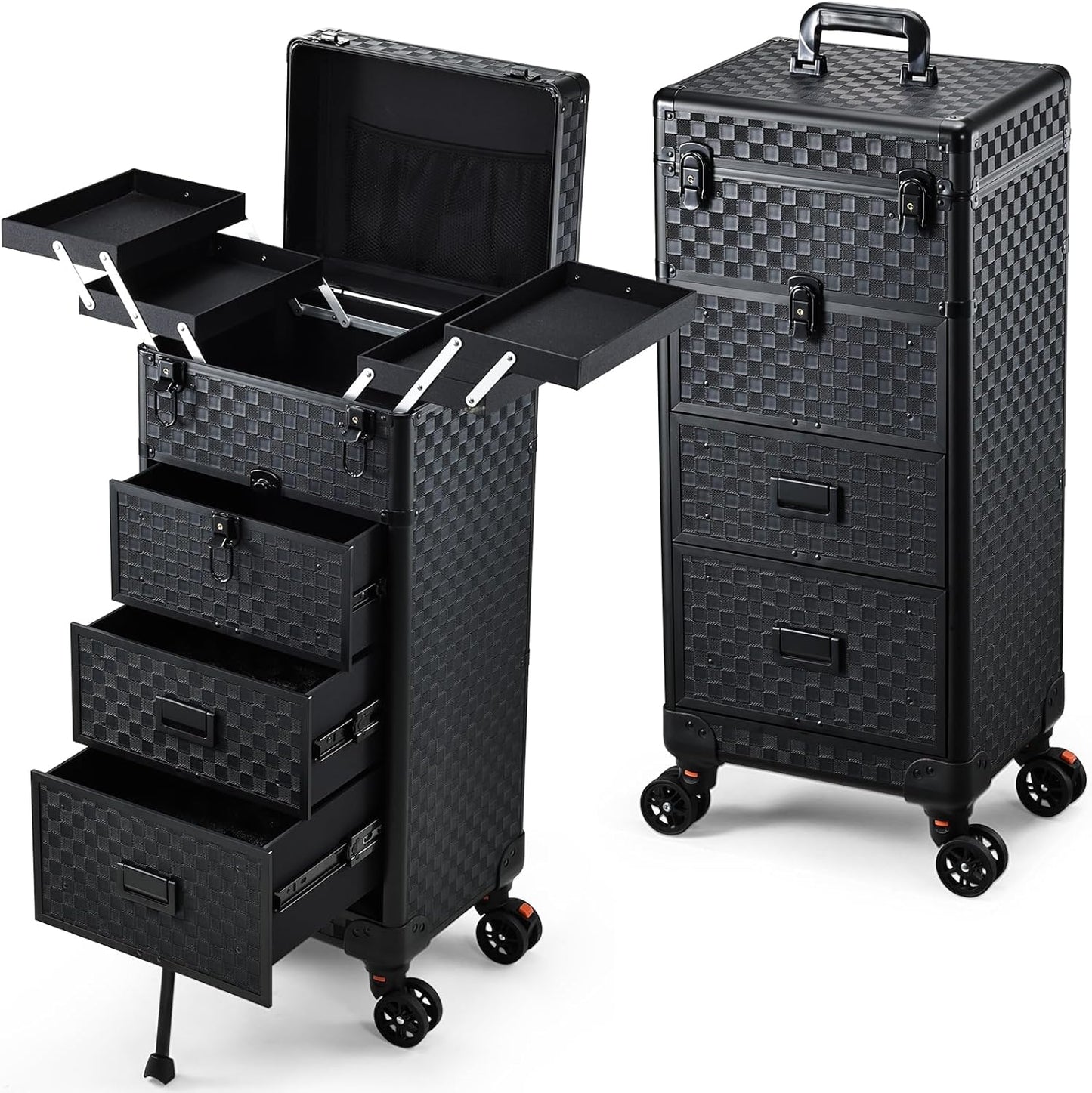 Rolling Makeup Case on Wheels - 4-in-1 Cosmetology Organizer with 3 Drawers & Foot Stand | Ideal for Artists & Salons