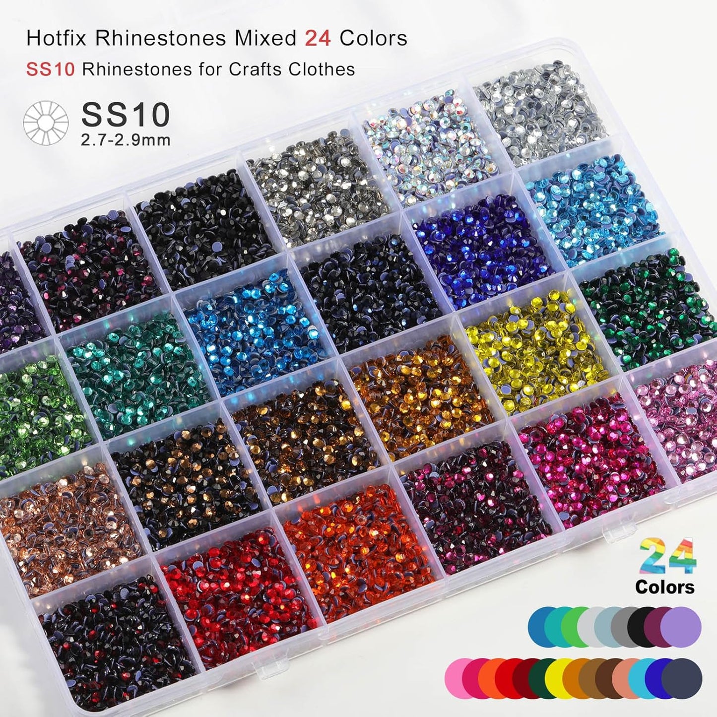 Hotfix Rhinestones - 24 Color Mixed SS10 Craft Crystals with Tweezers, Wax Pencil & Spoon