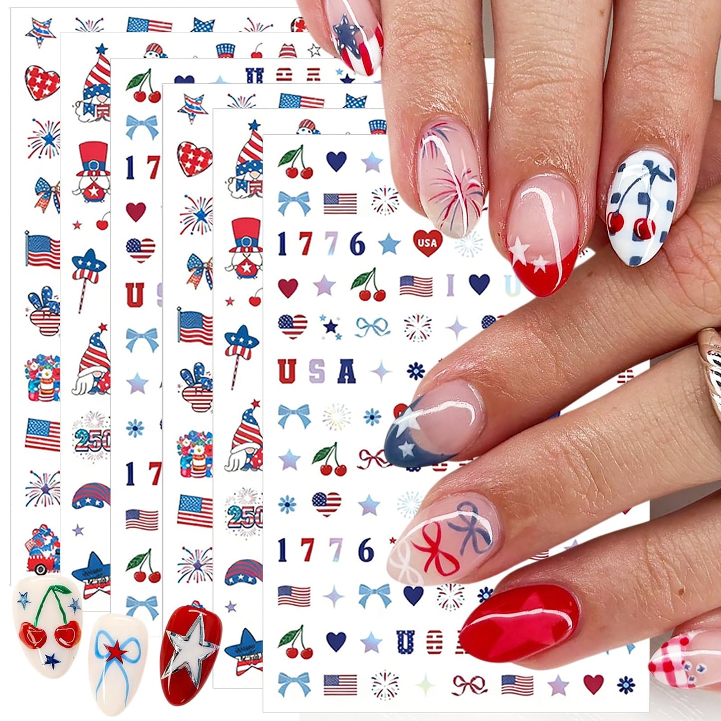 6 Sheets 4th of July Nail Stickers 250th Anniversary Patriotic Nail Decals Self-Adhesive American Flag Firework Gnome Nail Design Independence Day Stickers for Women DIY Manicure Decor