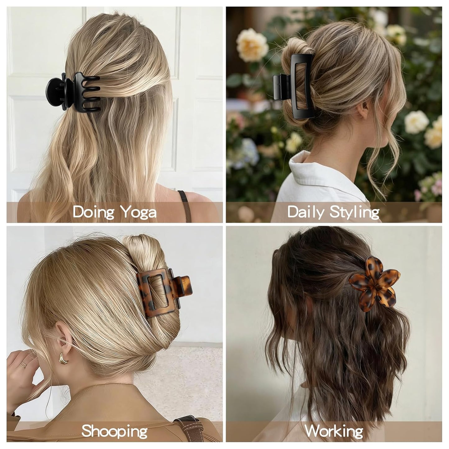 Matte Hair Clips for Women - 8 Pcs Strong Hold Non-Slip Claw Clips | Flower & Rectangle Styles in Deep Leopard