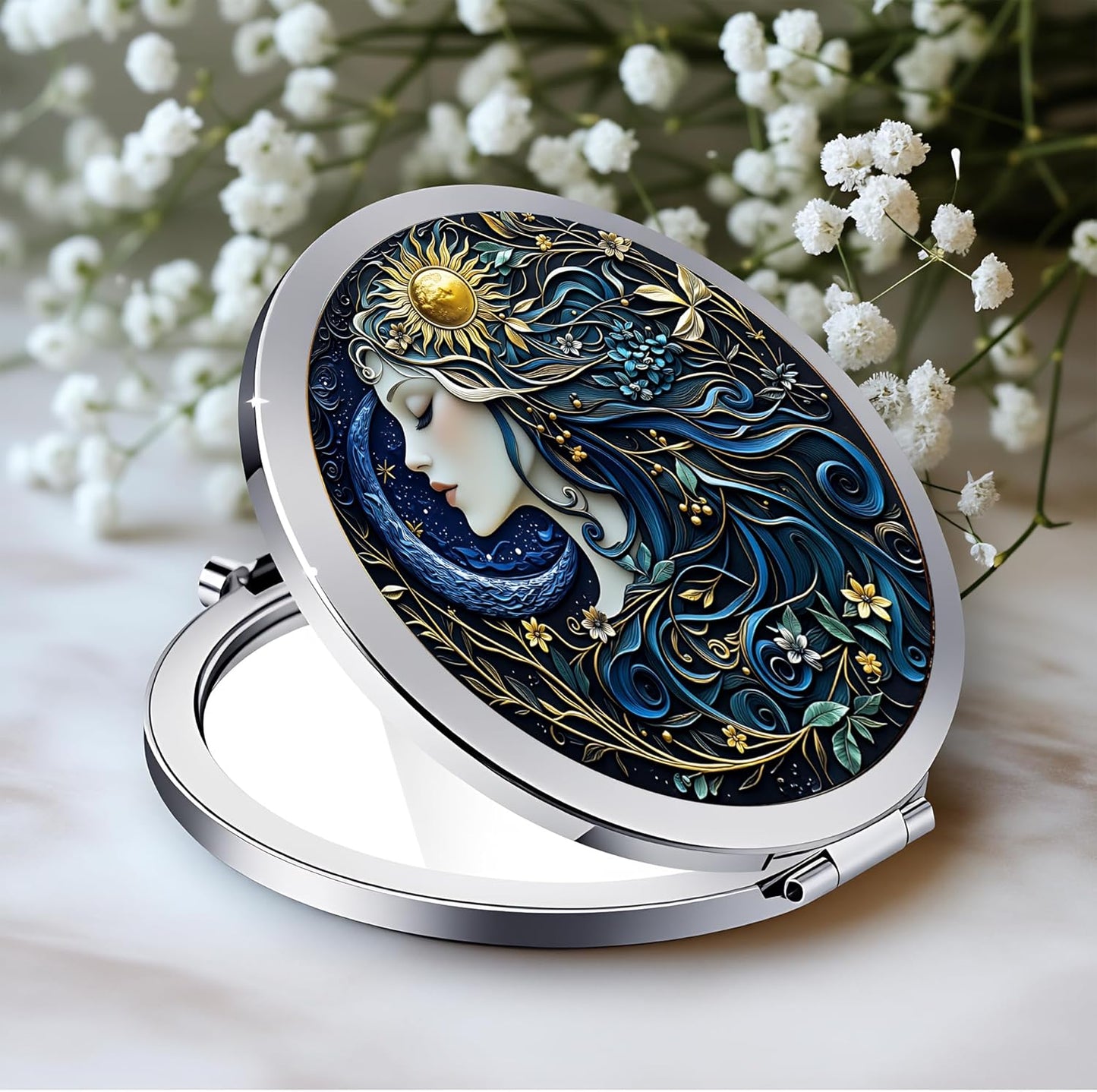 Silver Compact Mirror - Double-Sided Folding Makeup Mirror with Sun Moon Floral Design | 2.8"x2.8" - Perfect Gift for Women