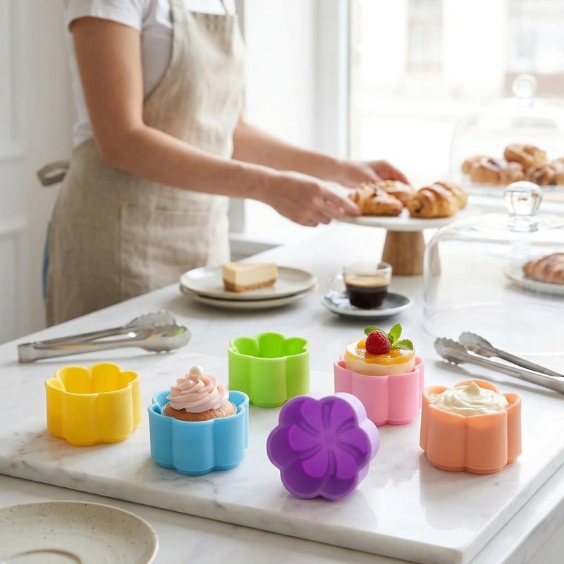 Mini Begonia Silicone Baking Cups Pack of 24 - Reusable Cupcake Liners Muffin Pan Molds 2 inch (5cm) - Nonstick Small Truffle Chocolate Jello Cups in 6 Colors Mini Begonia