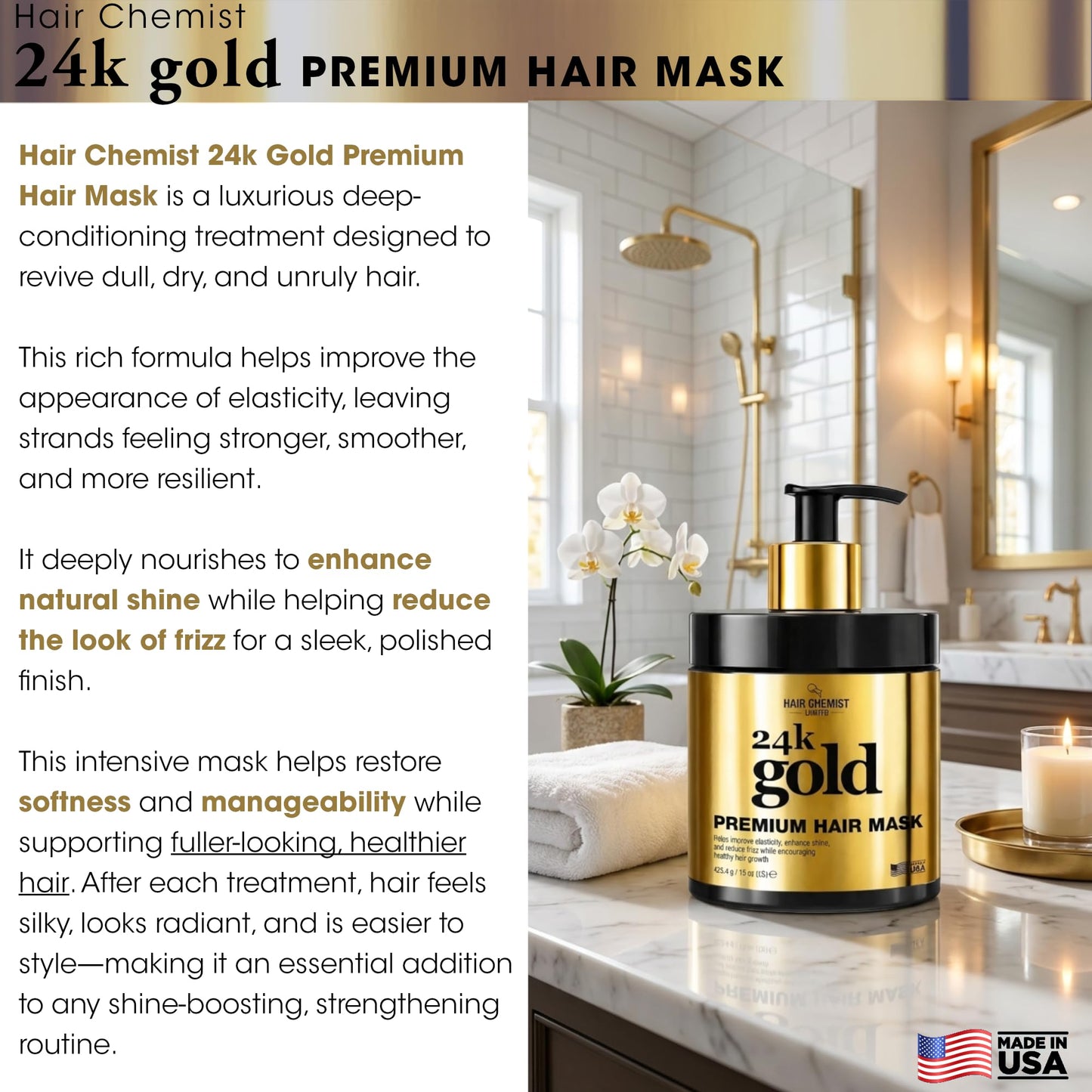 Hair Chemist 24k Gold Premium Hair Mask 15 oz. - Shine Enhancing, Frizz Reducting and Elasticity Improving Deep Treatment Hair Mask