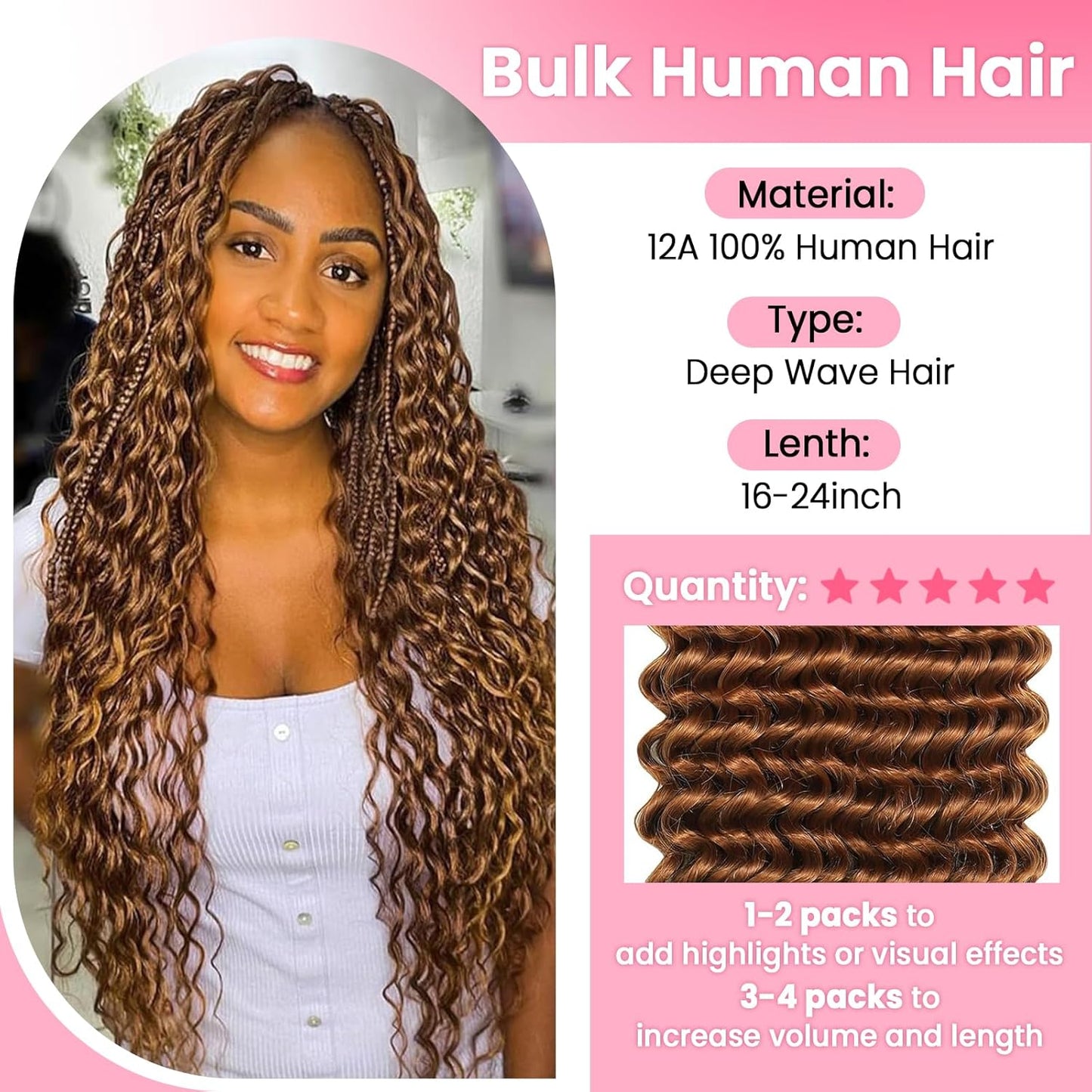 Human Braiding Hair - 100% Unprocessed Brazilian Virgin Hair, Deep Wave Knotless Bohemian Bundles | 16 Inch, Auburn Brown (30)