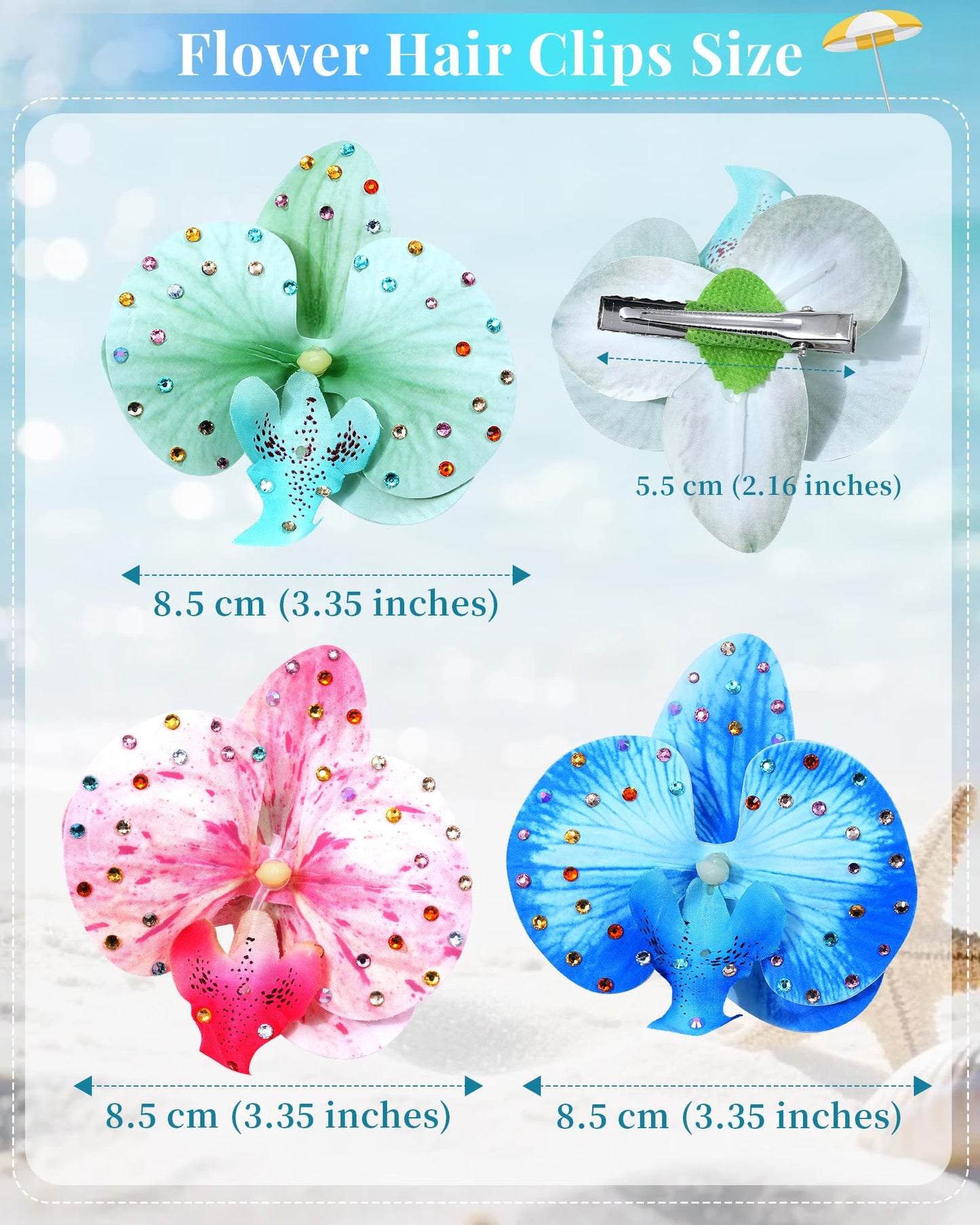 Mesovor 3 Pack Hawaiian Flower Hair Clips, Artificial Tropical Flower Orchid Hair Pin | Rhinestone Hairpins Hair Accessories for Wedding Bridal Beach Party (Blue Moth Orchid)