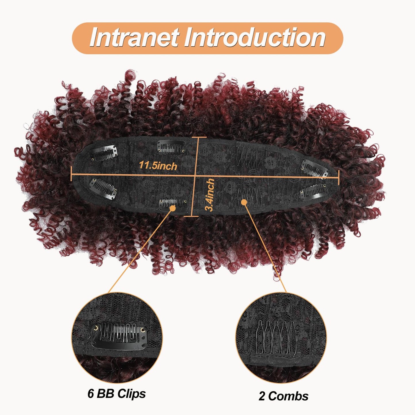 Mohawk Wig Kinky Curly Red Ponytail Extension with Bangs,Short Burgundy Mix Black Curly Synthetic Clip in Mohawk Ponytail with Six Clips and Two Combs Fluffy Red Hair for Daily Party Use 1B/BUG