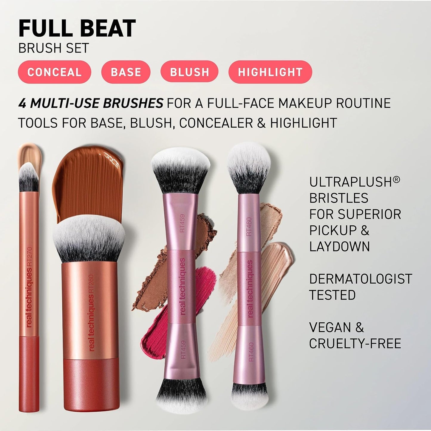Real Techniques Makeup Brush Set - 4 Piece Kit for Foundation, Concealer, Blush & Contour | Soft UltraPlush Bristles, Travel-Friendly