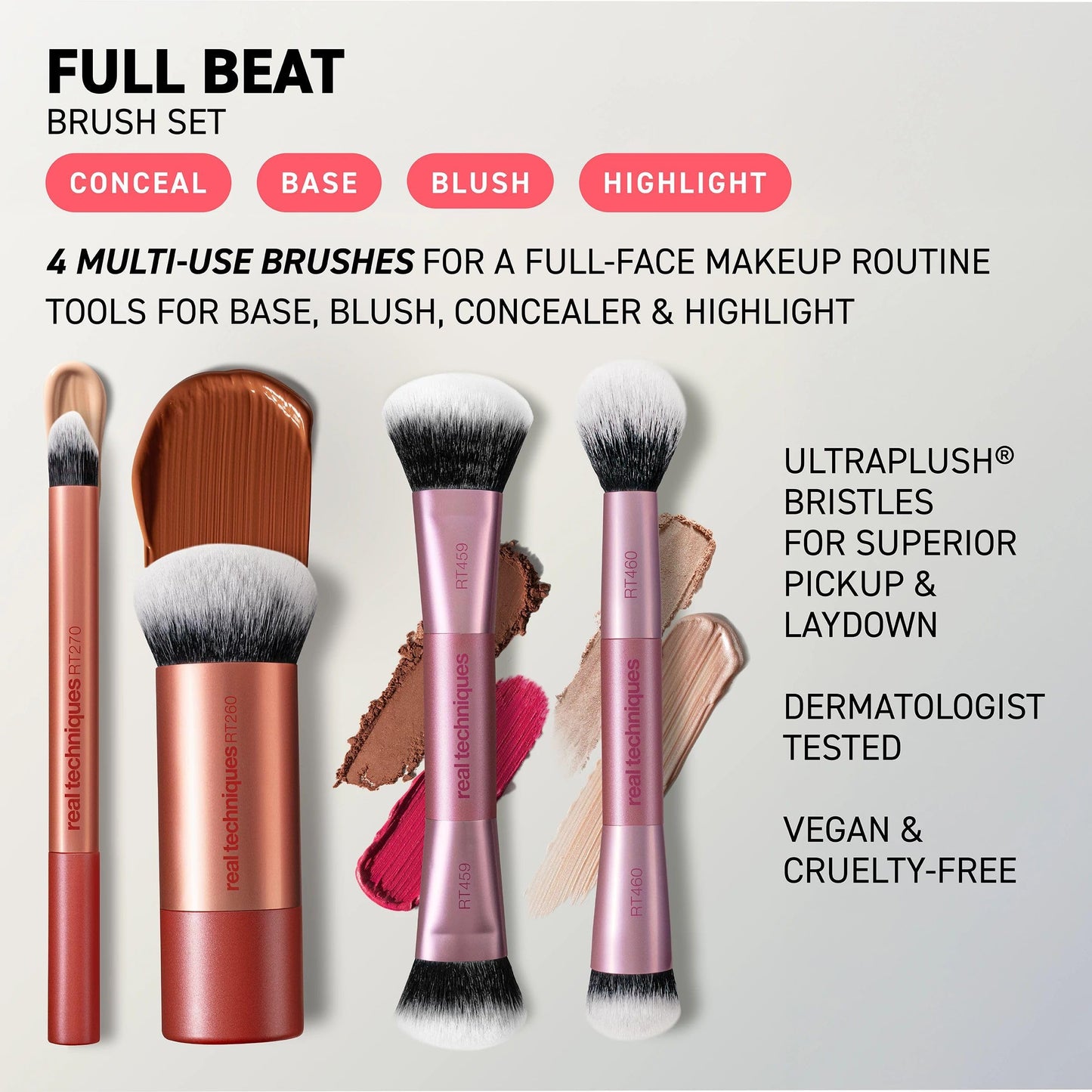 Real Techniques Full Beat Makeup Brush Set, 4 Piece Brush Kit for Foundation, Concealer, Blush, Contour, Highlight & Powder Blending, Travel Set, Soft UltraPlush Bristles, Cruelty-Free