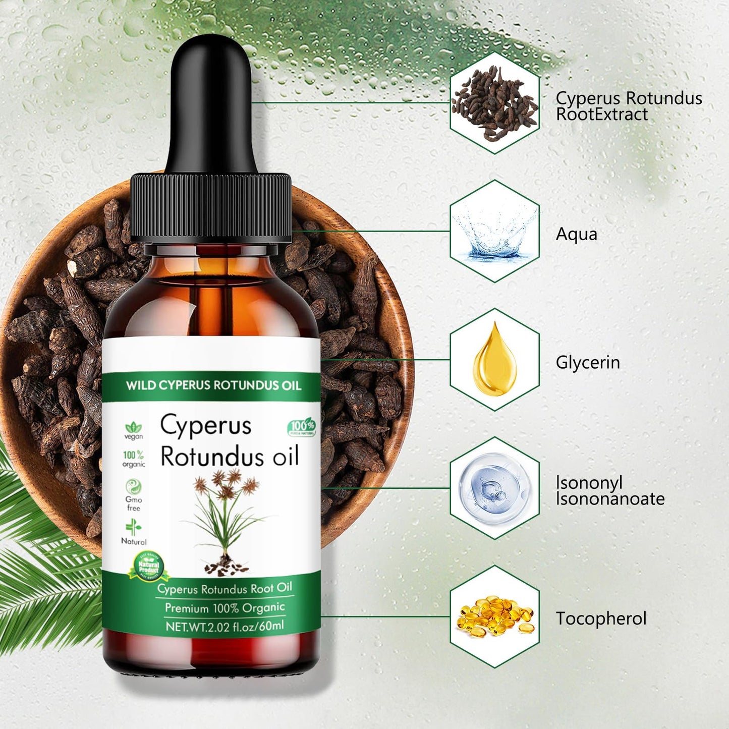 Wild Cyperus Rotundus Oil, 100% Organic, 2.02 fl oz, For Hair Removal, Smooth Skin