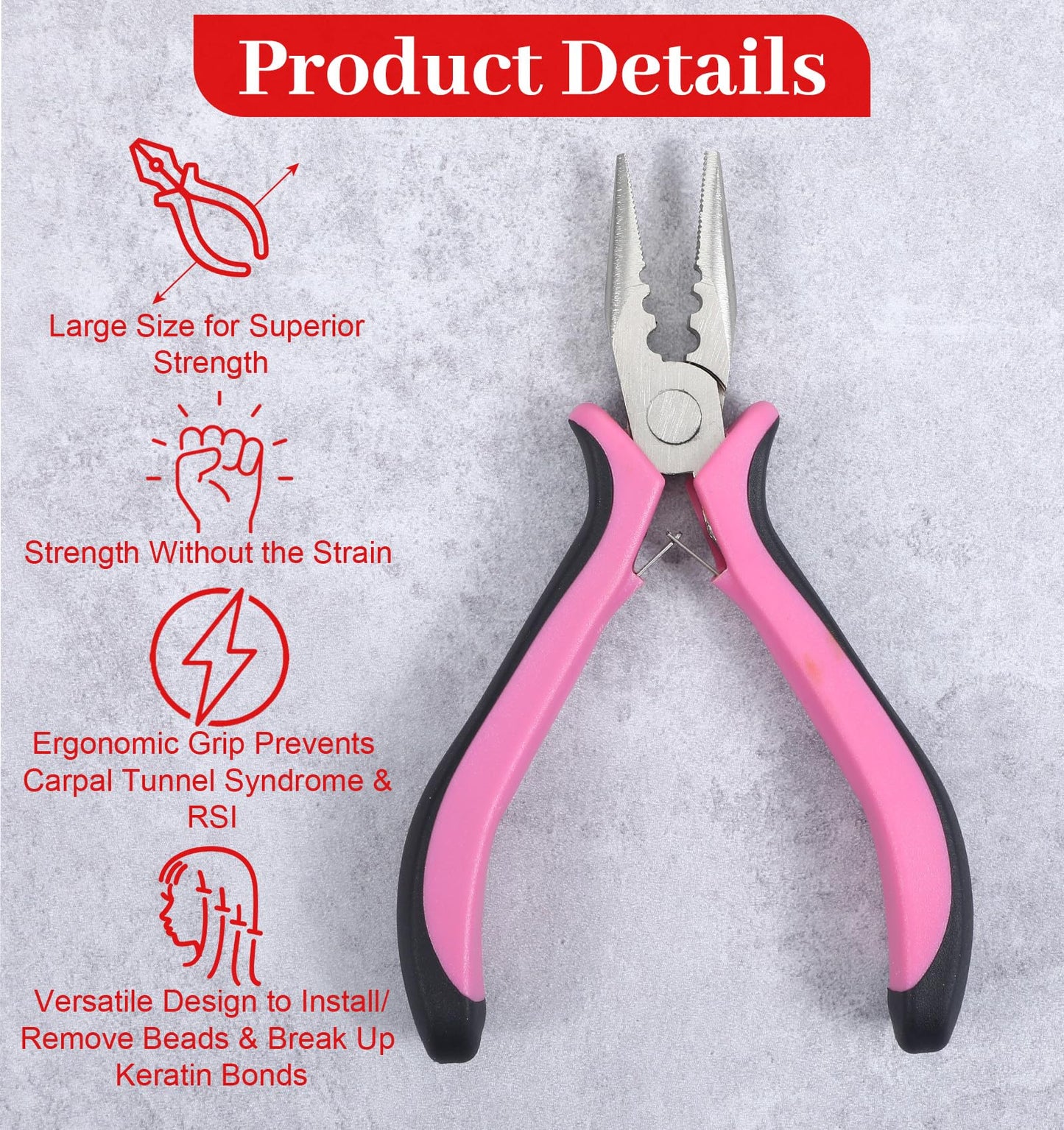 Hair Extension Pliers, 3-Hole Extension Pliers Reach Tool Set for Application Removal Tools Plier Loop Needle Pulling Hook Tool (Pink)