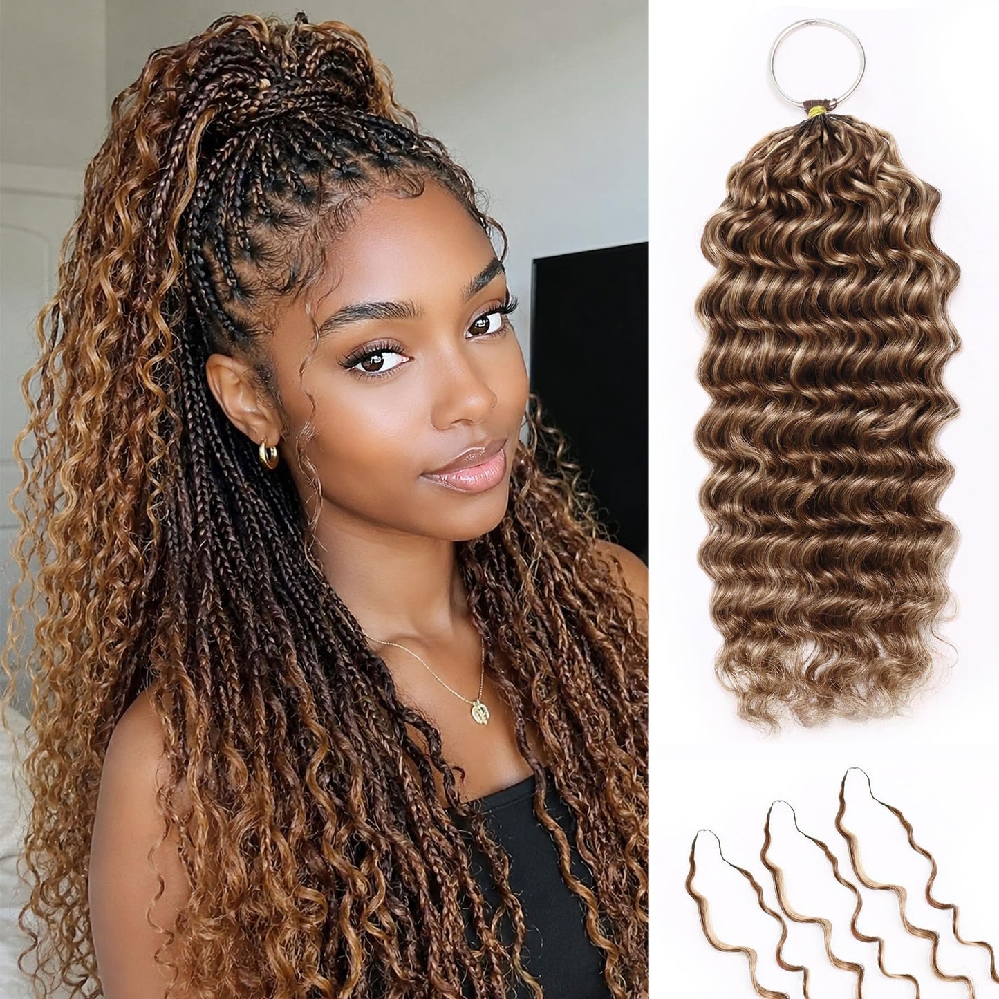 Highlight Pre-Separated Human Crochet Hair P4/27/30 Ombre Brown Blonde Deep Water Wave Curly Miracle Knots 16 Inch 60g Knotless Feather Invisible Crochet Extensions Bundles Braiding Hair for Women