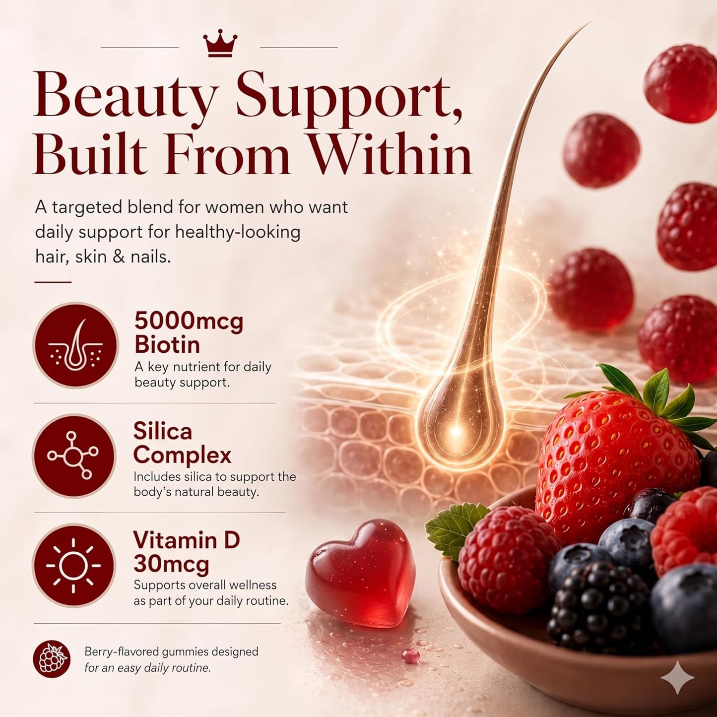 Hair Growth Gummies for Black Women - Biotin & Silica Complex (5000mcg) | Supports Hair, Skin & Nail Health, 60 Gummies