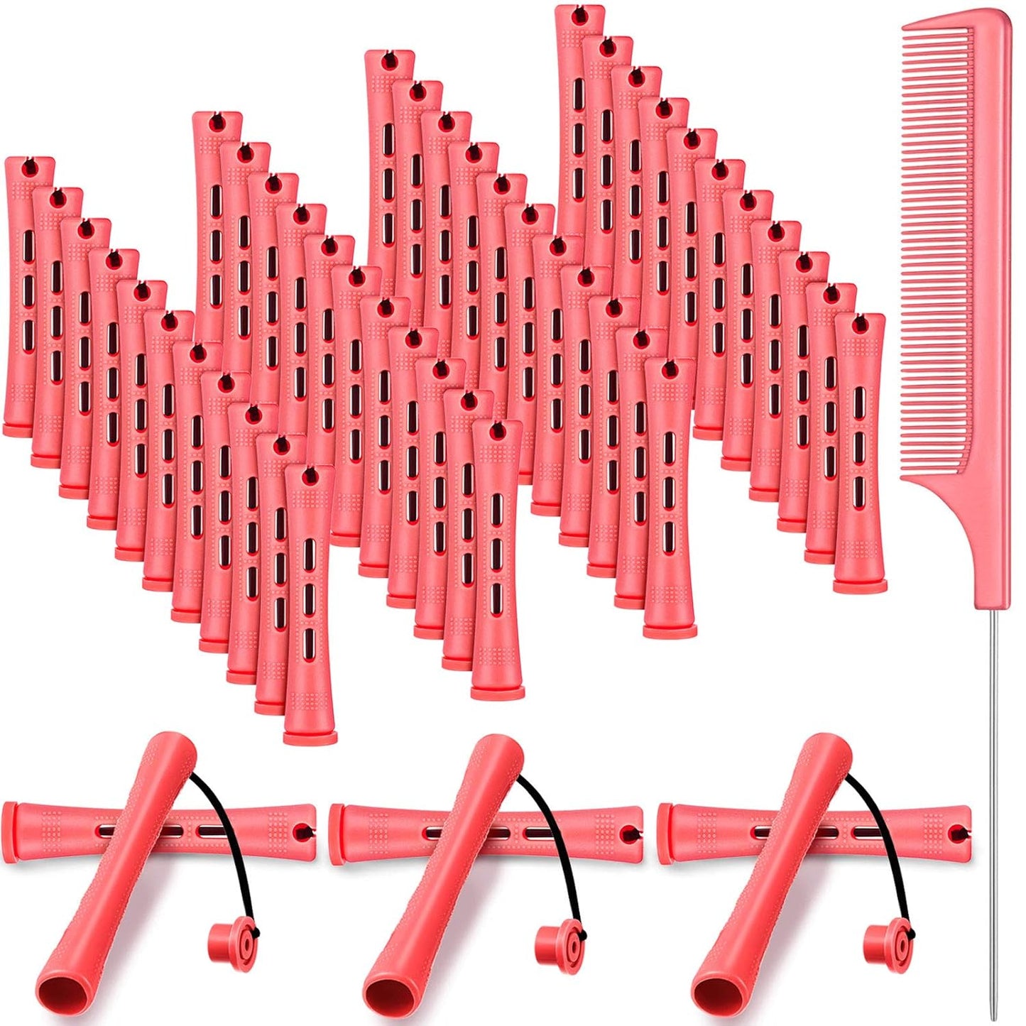 Hair Perm Rods - 48 Pieces Plastic Curling Rollers with Steel Pintail Comb | 0.2 Inch, Red