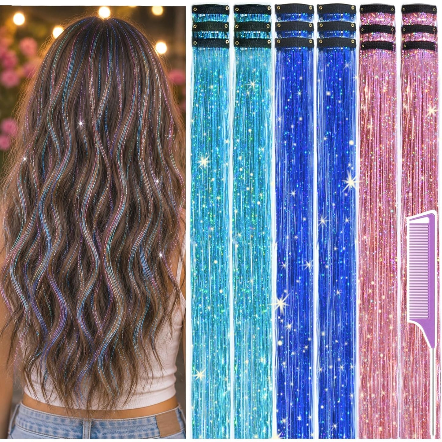Hair Tinsel Clips - 18 Pcs 22 Inch Glitter Hair Extensions for Women & Girls | Coffee Gold
