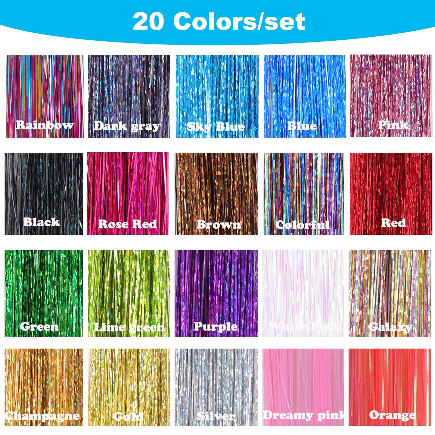 Hair Tinsel Kit - 8000 Strands of 48-Inch Glitter Extensions | 20 Vibrant Colors for Sparkling Fairy Hair