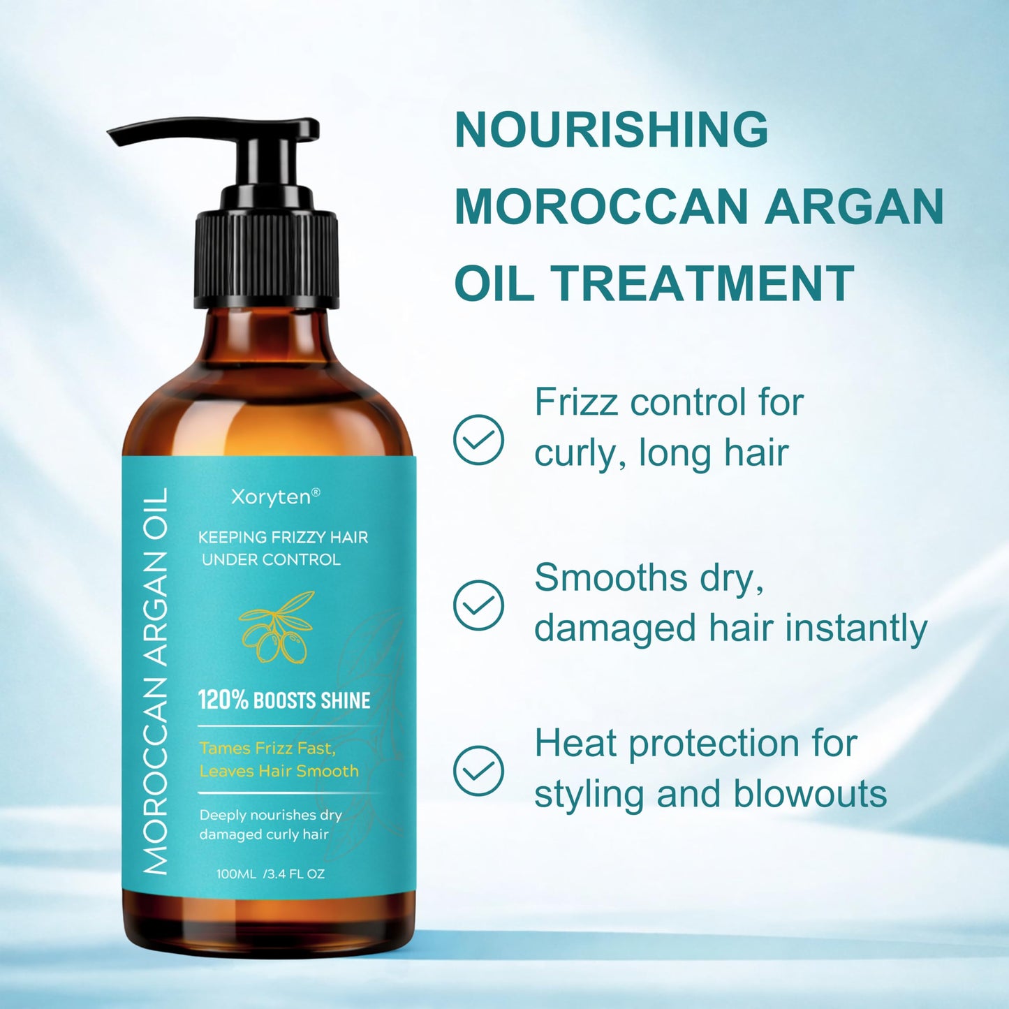 XORYTEN Moroccan Argan Oil – 100ML/3.4 Fl Oz-Nourishing & Smoothing Hair Oil for Frizzy, Curly, Long, Dry & Damaged Hair – Moroccan Hair Oil Treatment for Frizz Control & Heat Protection