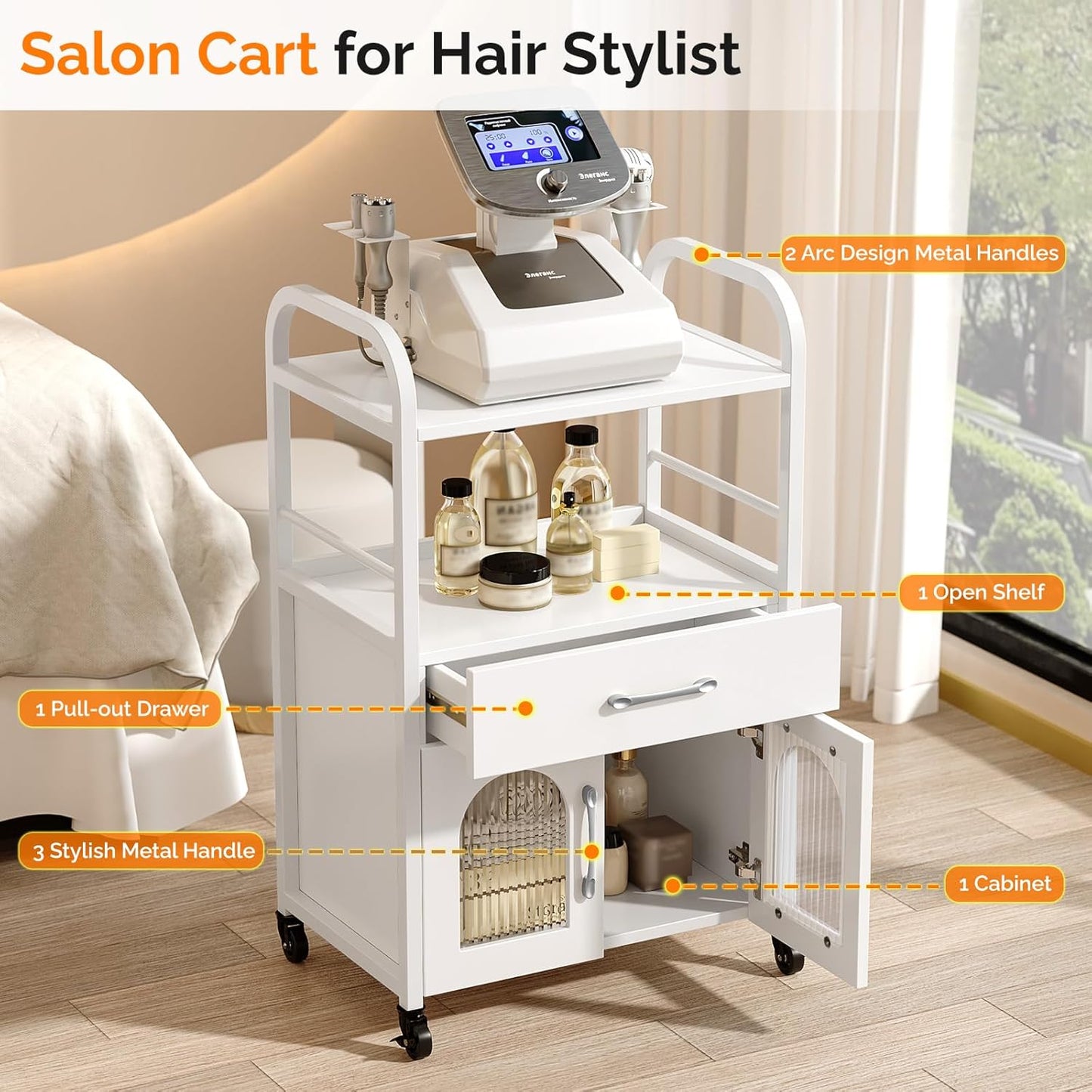 OmySalon Salon Trolley Cart - Mobile Hair Styling Station with Drawer & Tray | Lockable Wheels, White