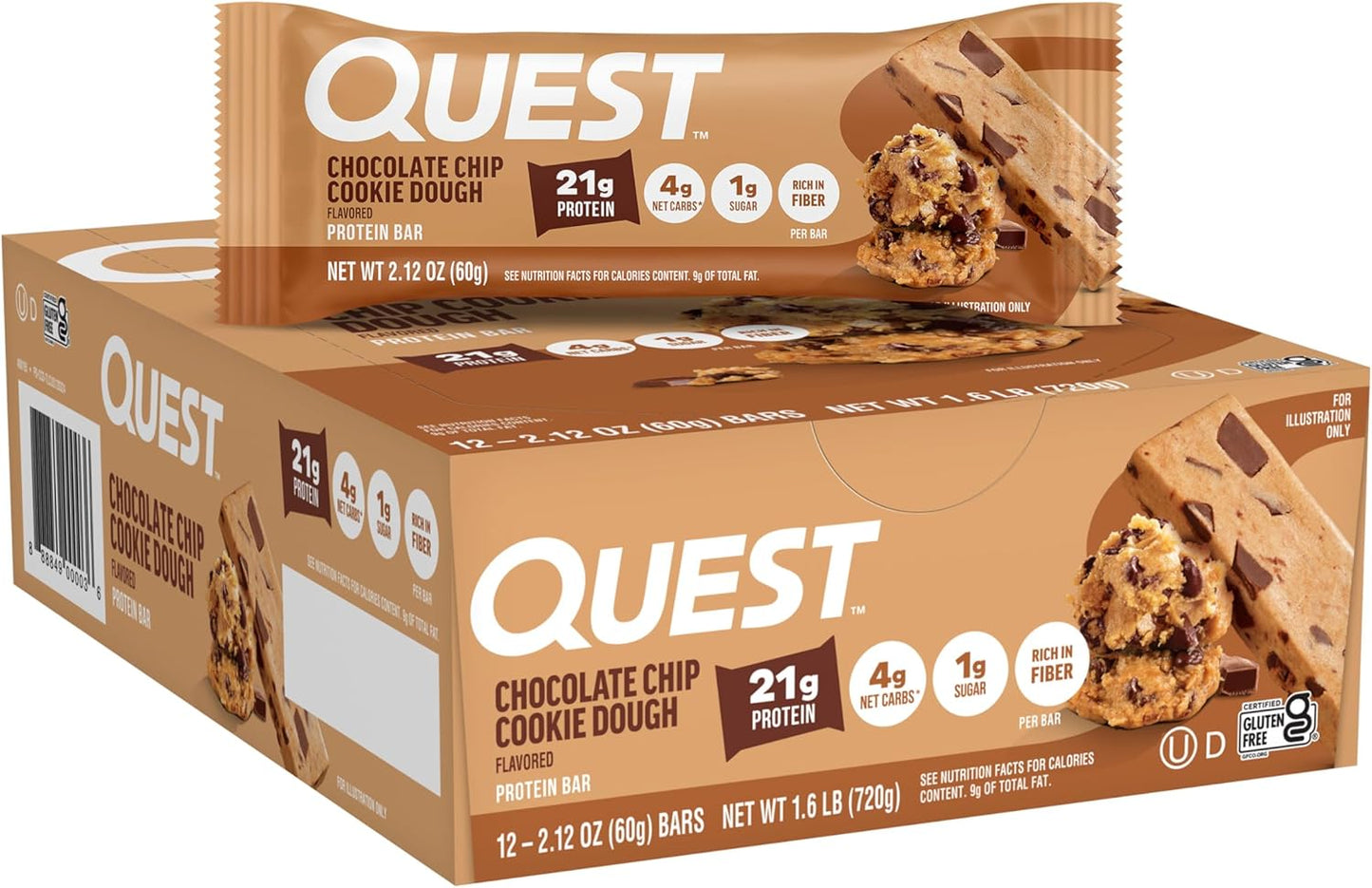 Quest Nutrition Protein Bars - Chocolate Chip Cookie Dough, High Protein, Low Carb, Keto Friendly | 12 Count