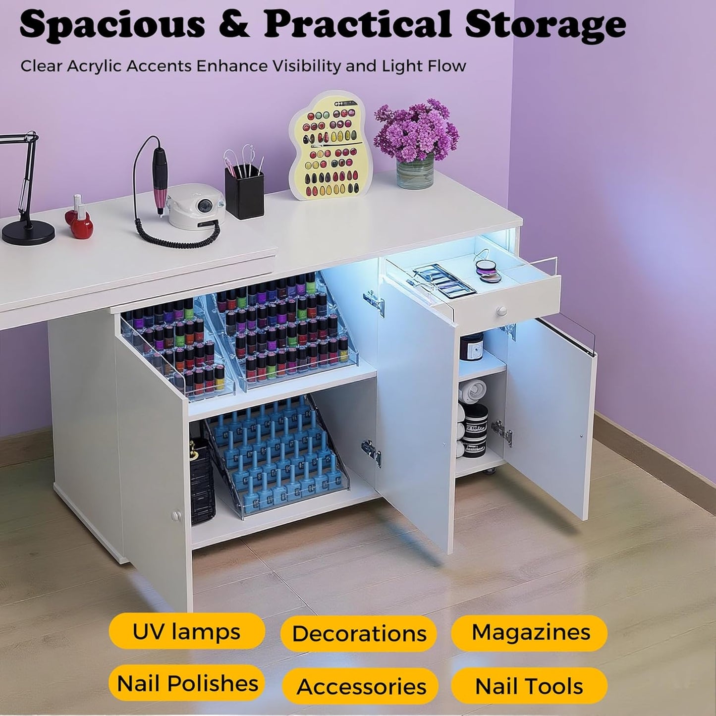 L-Shaped Manicure Table - Modern Nail Salon Desk with Storage & LED Light | White, Convertible Design