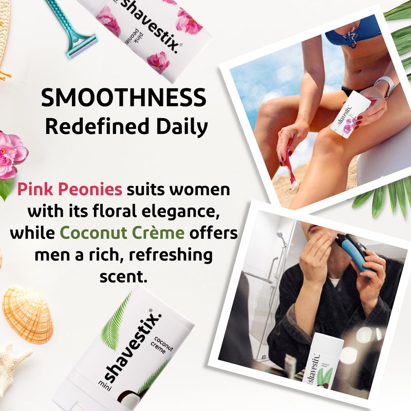 Shavestix Travel Shaving Cream Stick Set 0.5 Oz Each | Coconut Crème & Pink Peonies Mini Shave Bars | TSA Friendly Toiletries for Women & Men | Alt Shaving Gel, Soap