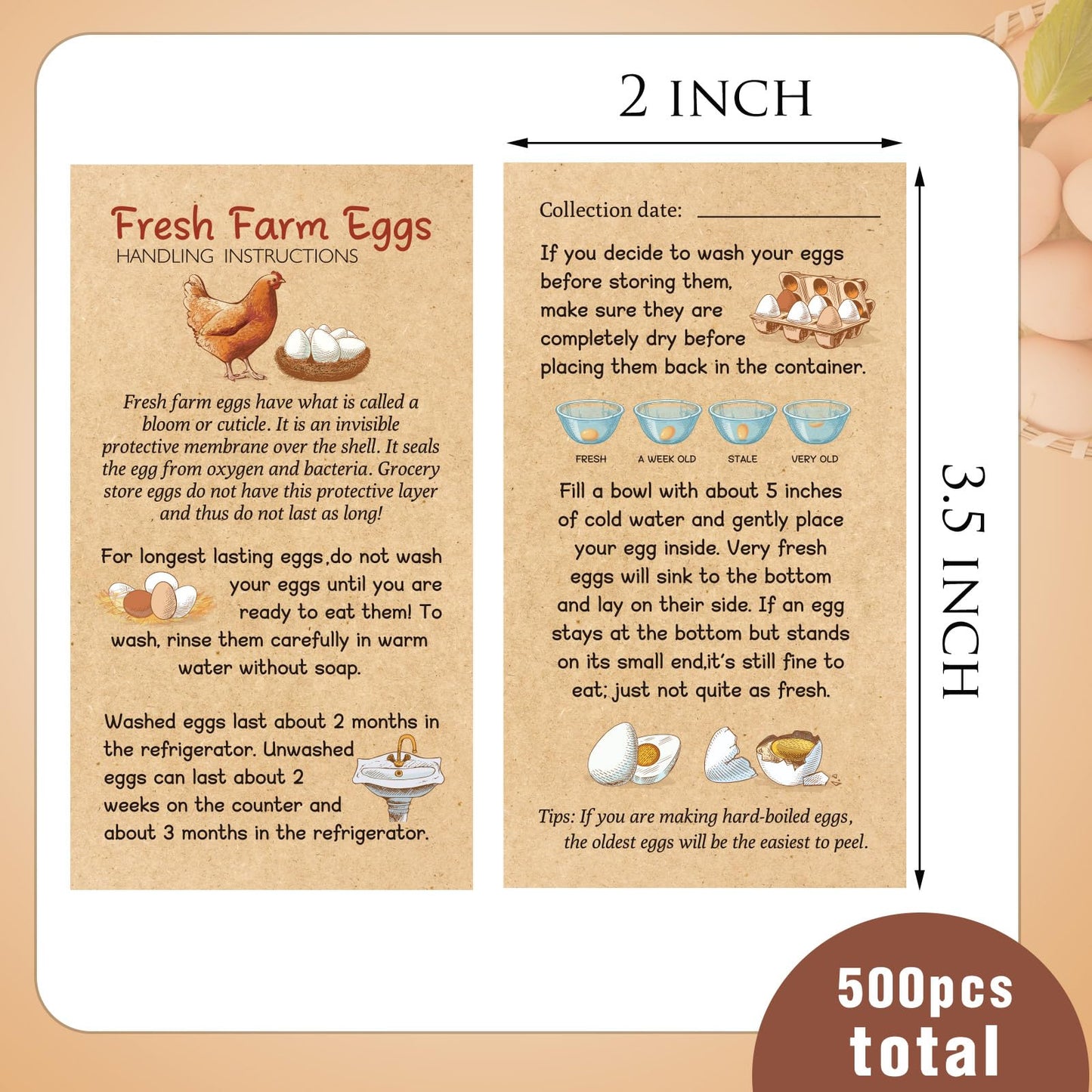 Kisston 200 Pcs Egg Handling Instruction Cards Bulk Fresh Farm Egg Care Labels 2 x 3.5'' Resuable Eggs Carton Stamp Thick Paper Design for Basket Farmstand Market Business Supplies (Simple Style)