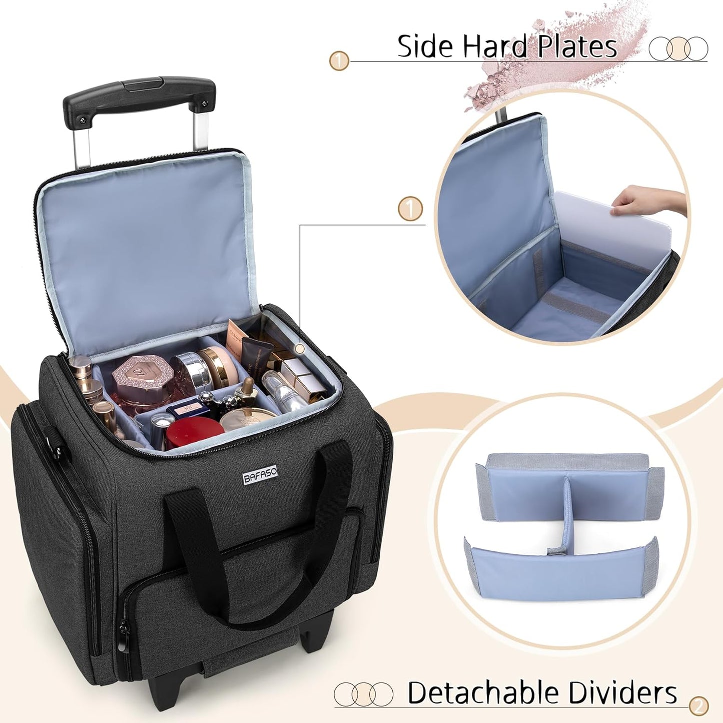 Rolling Makeup Case - Professional Cosmetic Train Case with 3 Removable Pouches & Brush Bag | Black
