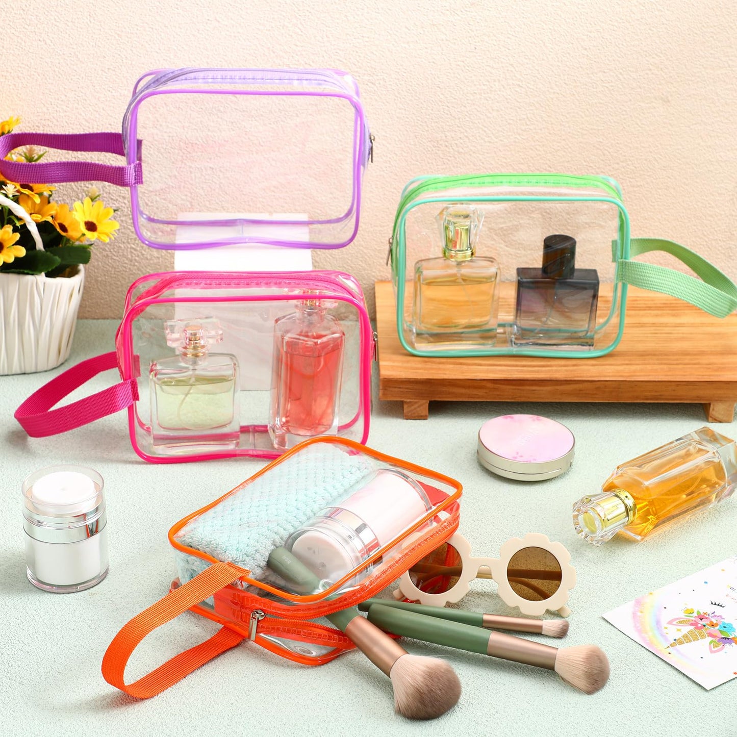 Silkfly 24 Pack Vivid Color Clear Toiletry Bag PVC Travel Cosmetic Bag with Handle Strap Makeup Pouch with Zipper for Women Summer Vacation Salon Teacher Gift