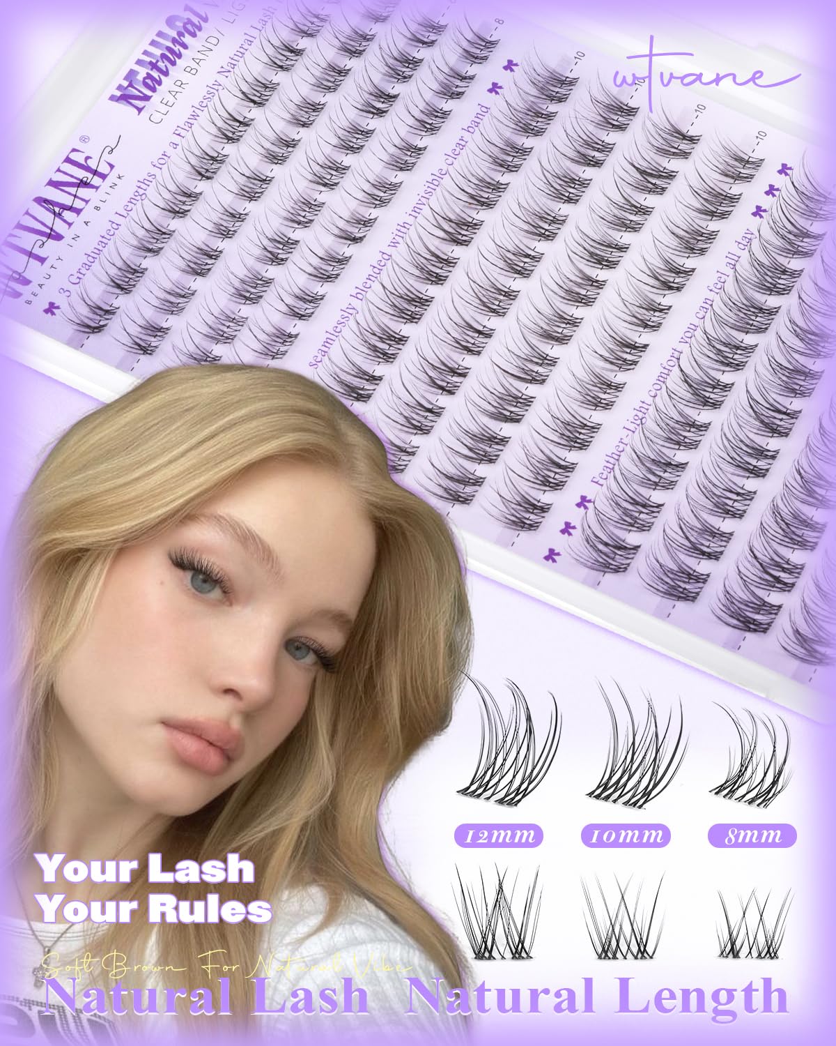 Natural Eyelash Clusters - Wispy Lash Extensions with Invisible Band | Short 8-10-12mm C-Curly for Daily Wear