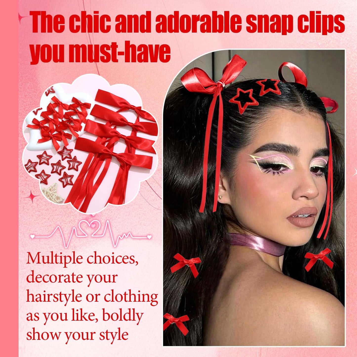STGDAK Valentine's Day Red Hair Bows Cute Star Barrettes Small Bow Clips Satin Hair Ribbon Long Tail Stylish Star Clip Y2k Bowknot Barrette Kawaii Hairpins Coquette Accessoires For Girls Women