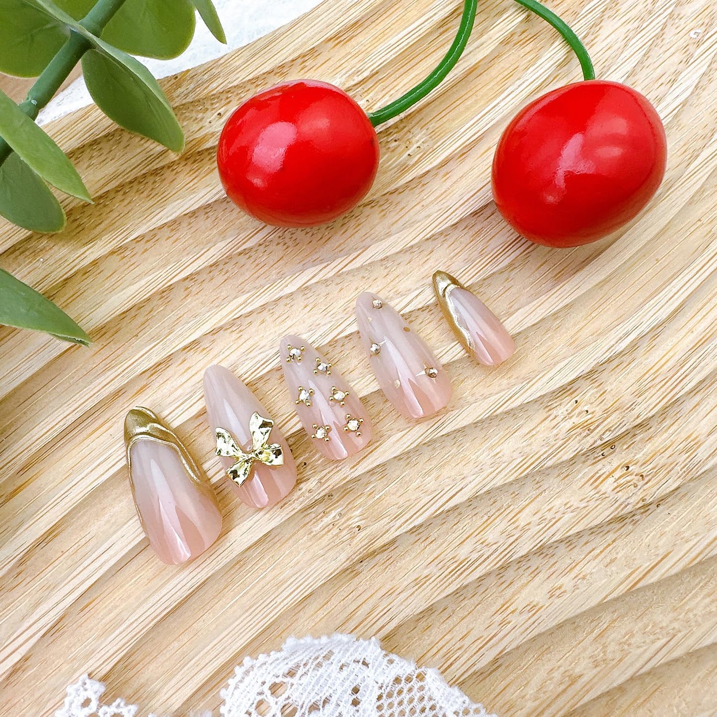 3D Gold French Tip Press-On Nails | Medium Almond Shape with Rhinestones & Gold Beads | Full Cover, Glossy Finish