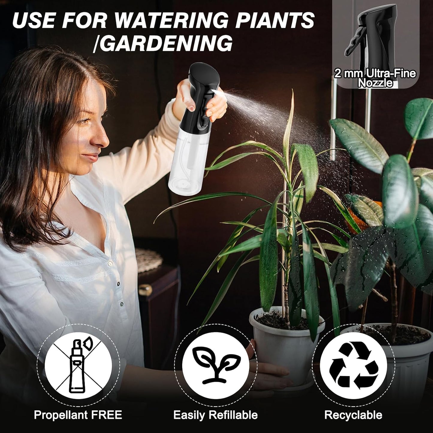 Continuous Spray Bottle for Hair - Ultra Fine Water Mister | 10.1oz/300ml, 2 Pack for Styling & Gardening