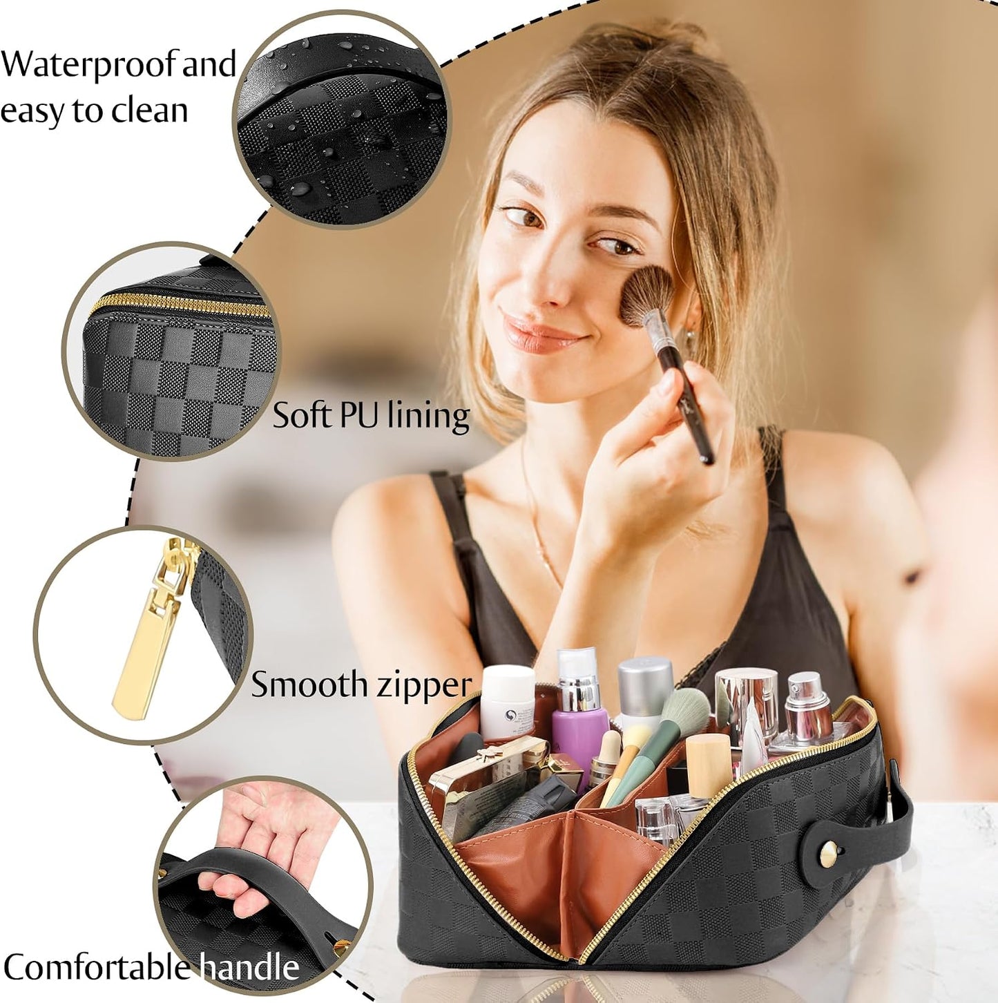 Large Capacity Travel Cosmetic Bag - Waterproof PU Leather Makeup Organizer with Dividers | Stylish Checkered Design