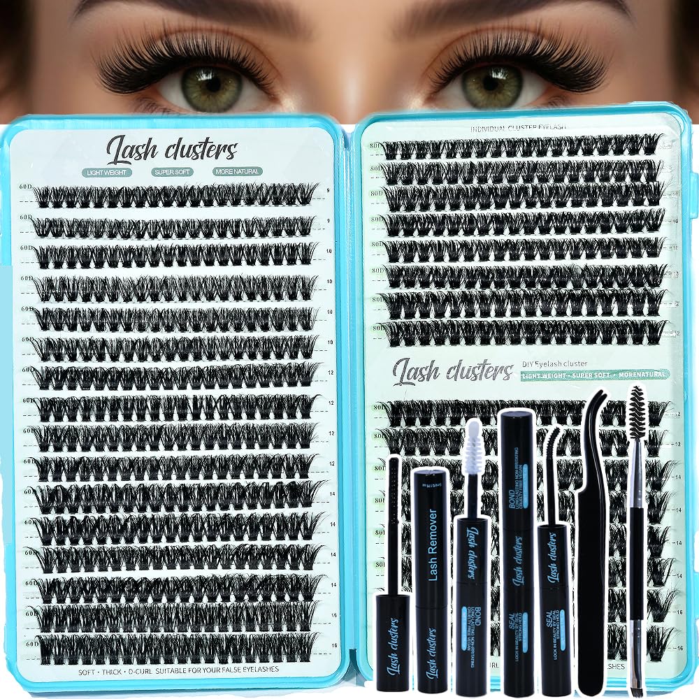 Lash Clusters Kit - 640pcs Wispy 30D/40D D Curl Individual Extensions | Natural 9-16mm with Bond, Seal & Tweezers