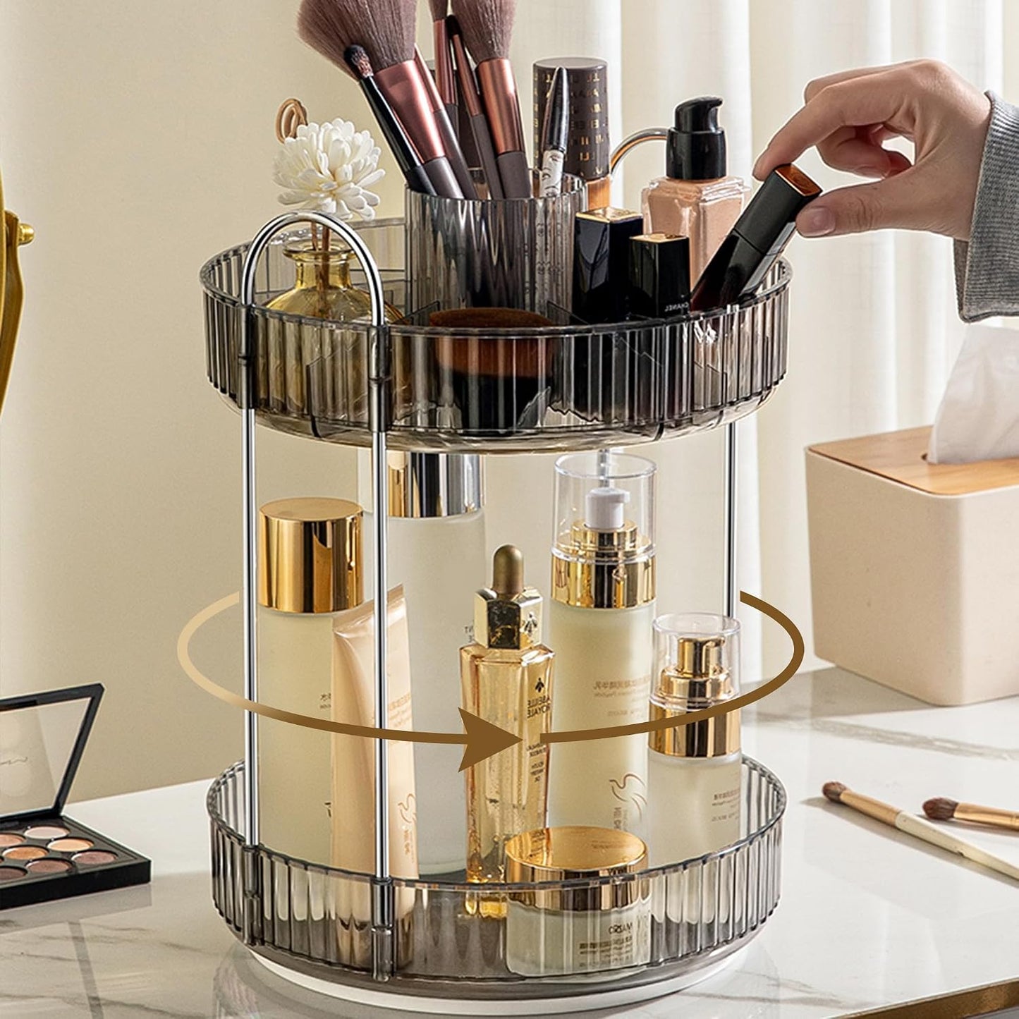 Rotating Makeup Organizer - 3 Tier Clear Cosmetic Holder for Vanity | Grey Perfume & Skincare Storage