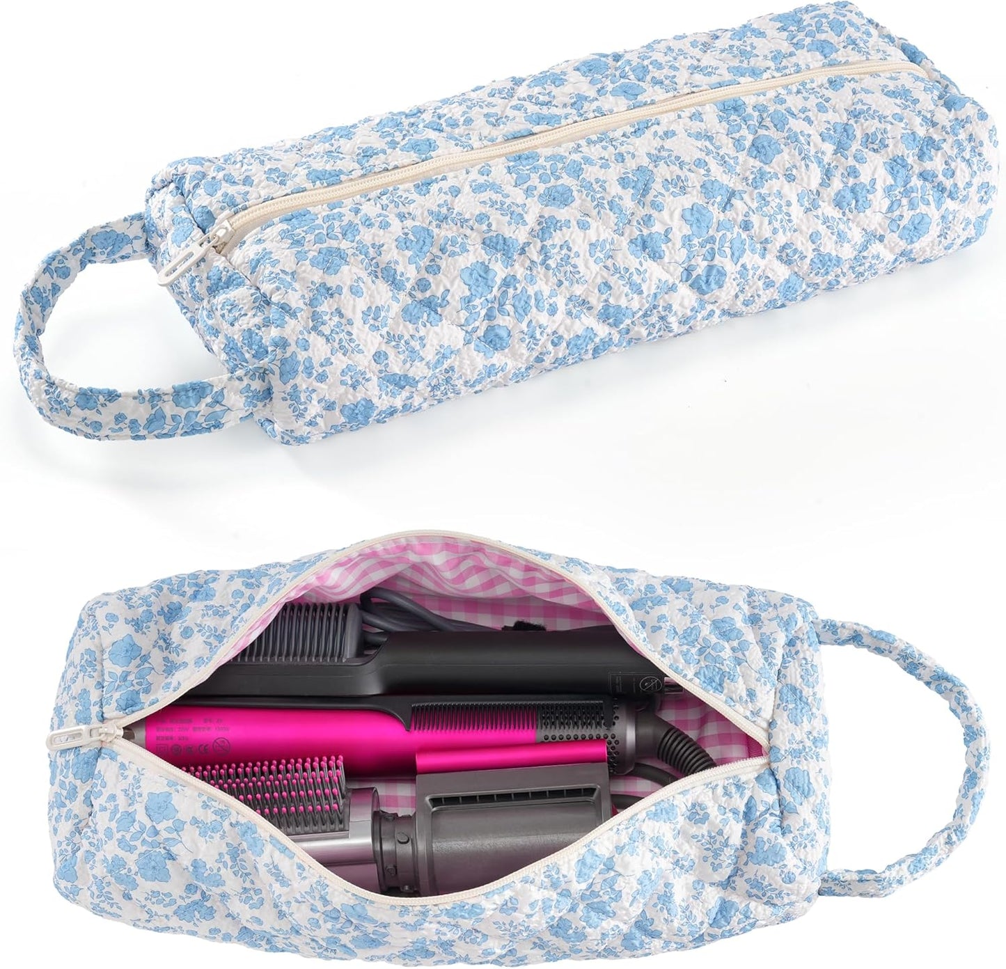 Quilted Hair Tools Travel Bag - Portable Organizer for Dyson Airwrap & Shark FlexStyle | Pink Plaid Floral