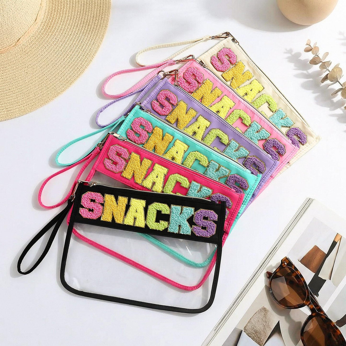 Kacctyen 6 Pcs Snacks Bags Transparent Makeup Bag with Zipper Chenille Letter Waterproof Cosmetic Toiletry Pouch with Handle Gym Travel Summer Gifts for Women Girls(Multicolor,Snacks)