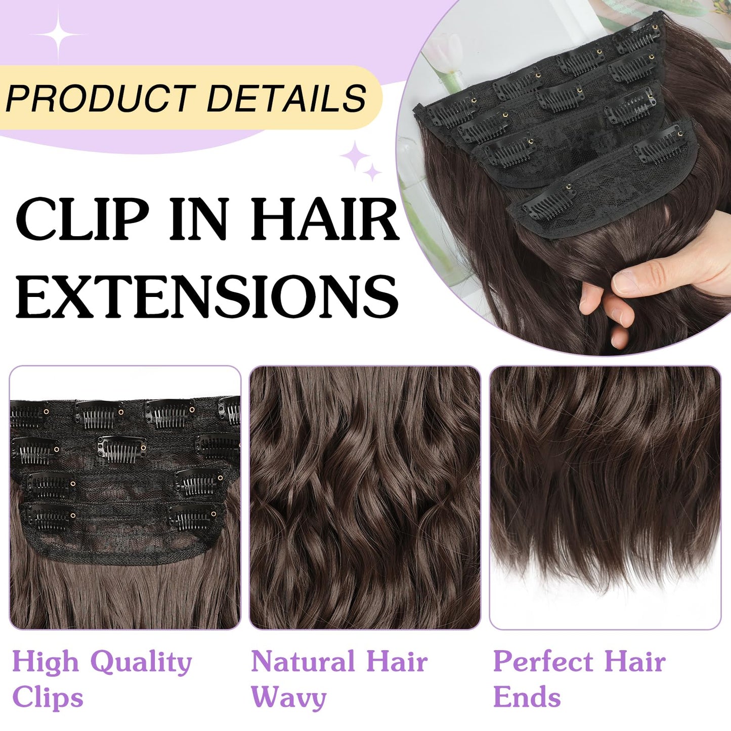 NAYOO 4PCS Clip in Hair Extensions Long Wavy Curly Synthetic Thick Hairpieces Dark Brown for Women with Fiber Double Weft Hair Full Head（16 Inch, Dark Brown）