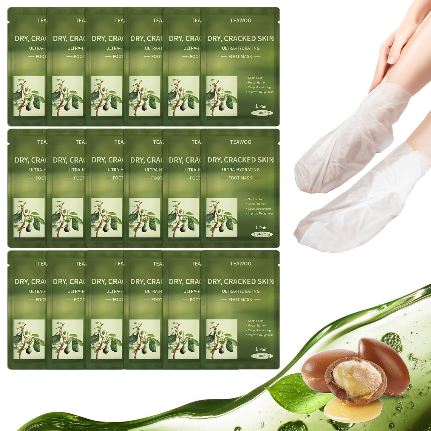 TEAWOO 18 Pairs Moisturizing Foot Masks with Shea Butter, Jojoba Oil, Vitamin E & Urea, Hydrating Foot Mask For Dry Cracked Feet, Moisturizing Socks, Foot Care Spa Gifts, Bulk Gifts for Women & Men