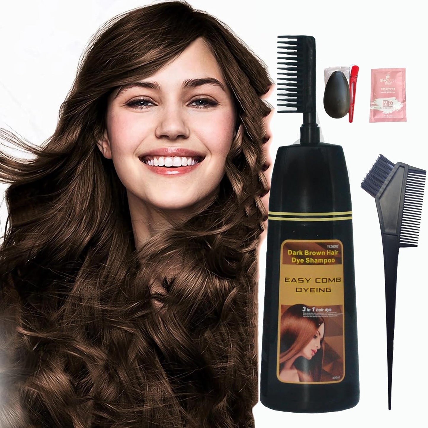 Dark Brown Hair Dye Shampoo - Permanent Color for 100% Gray Coverage | Easy Comb Application
