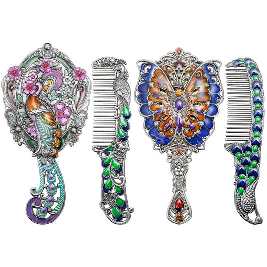 ZAVOOS 4 Piece Vintage Mirror Comb Set, Metal Antique Handheld Mirror with Comb, Decorative Peacock Butterfly Shape, Women's Vanity Makeup Mirrors Portable for Travel, Halloween, Christmas
