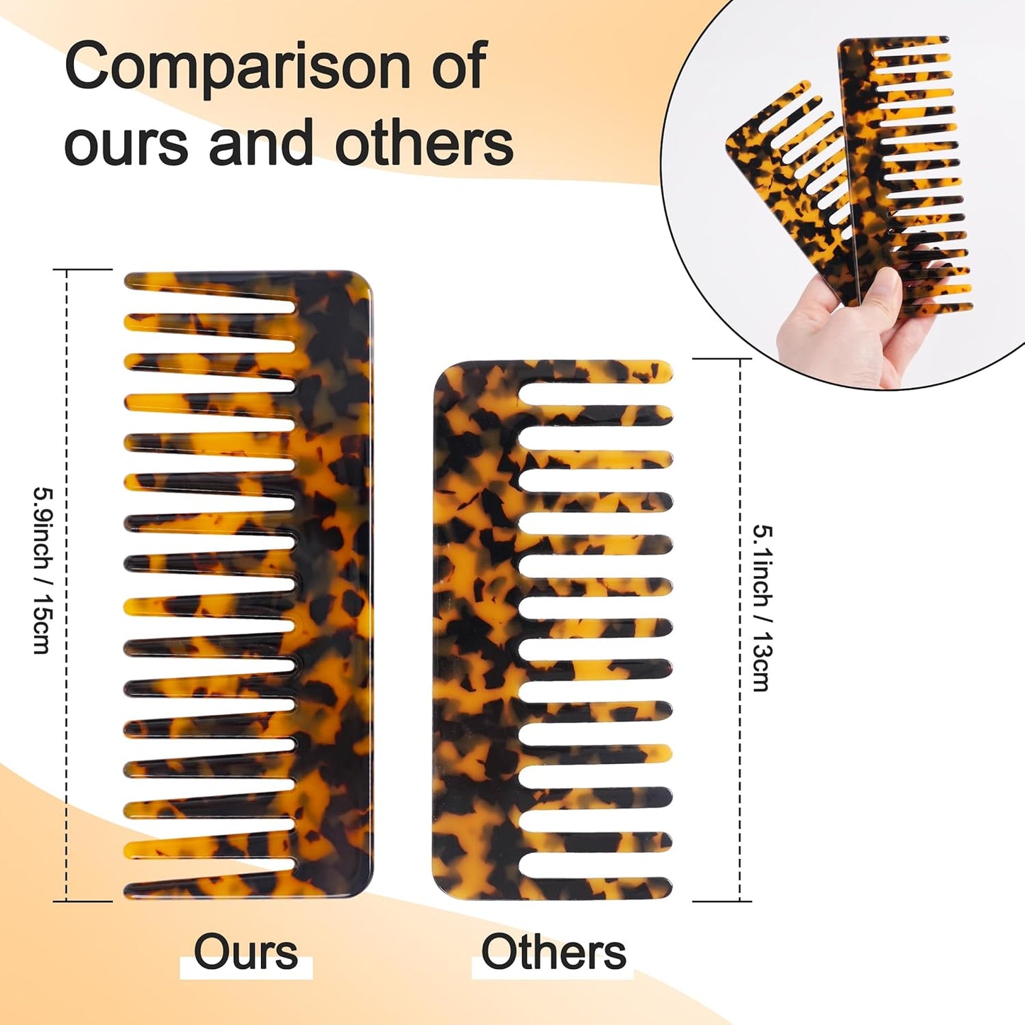 Hair Detangling Comb - 2 Pack Wide Tooth Cellulose Acetate for Thick Curly Hair | Tortoise Shell & Ivory