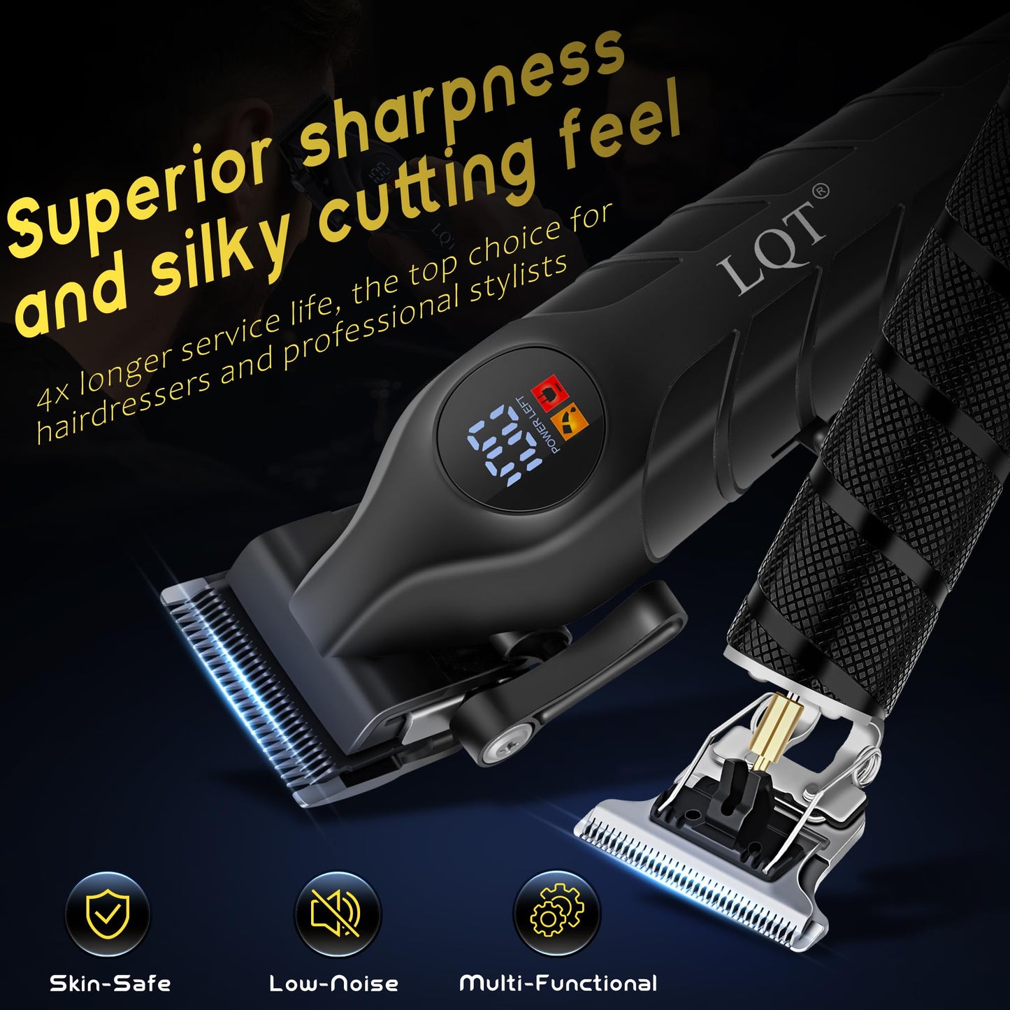LQT Men's Professional Cordless Hair Clippers & Trimmer Kit, 4-in-1 Electric Shaver Set with LED Display, Waterproof Body Groomer, Nose Trimmer & T-Blade for Bald Head, Full Barber Kit (Black)
