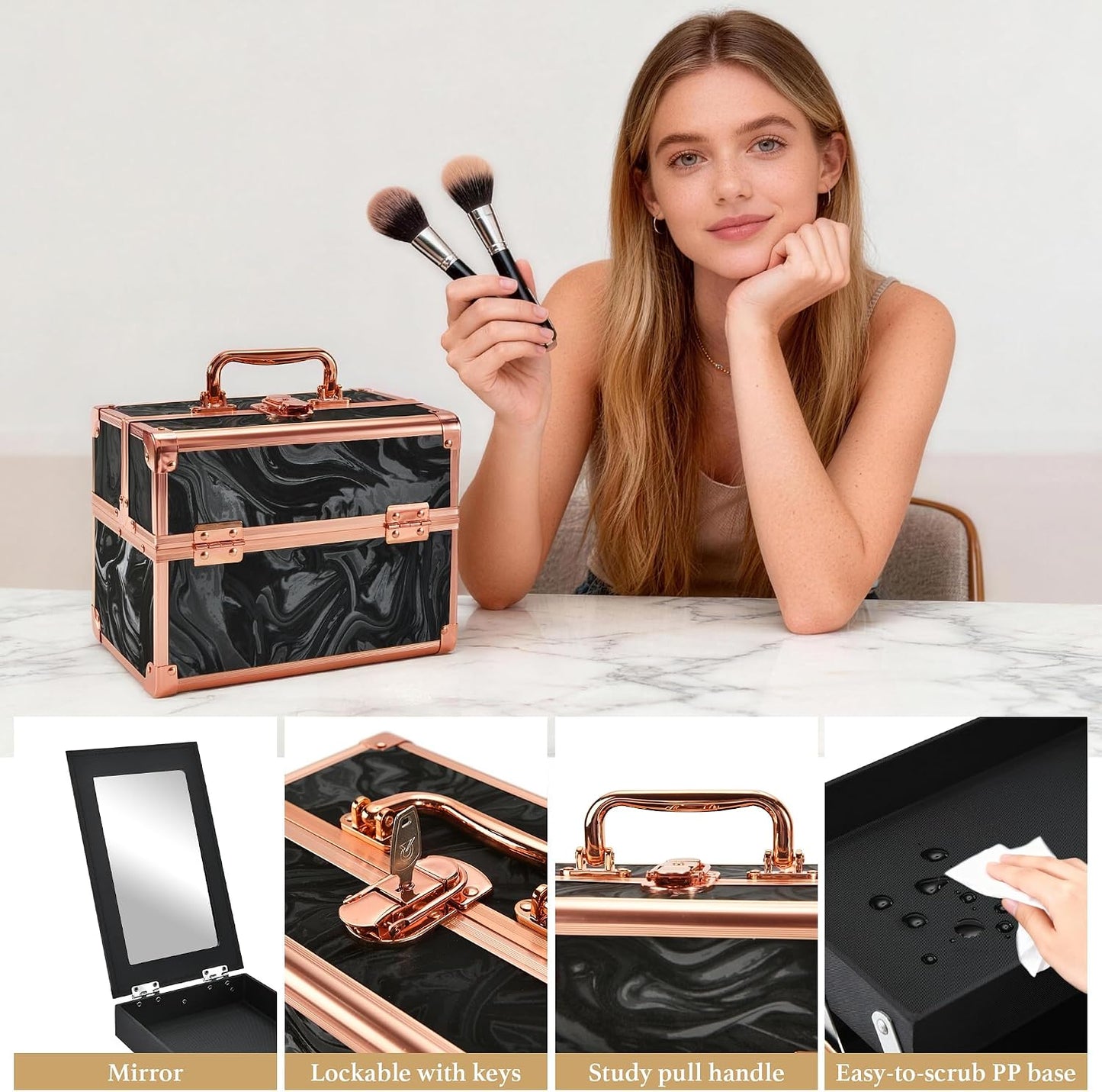 Portable Makeup Train Case - 2-Tray Cosmetic Organizer with Mirror | Travel Makeup Box in Rose Gold & Black