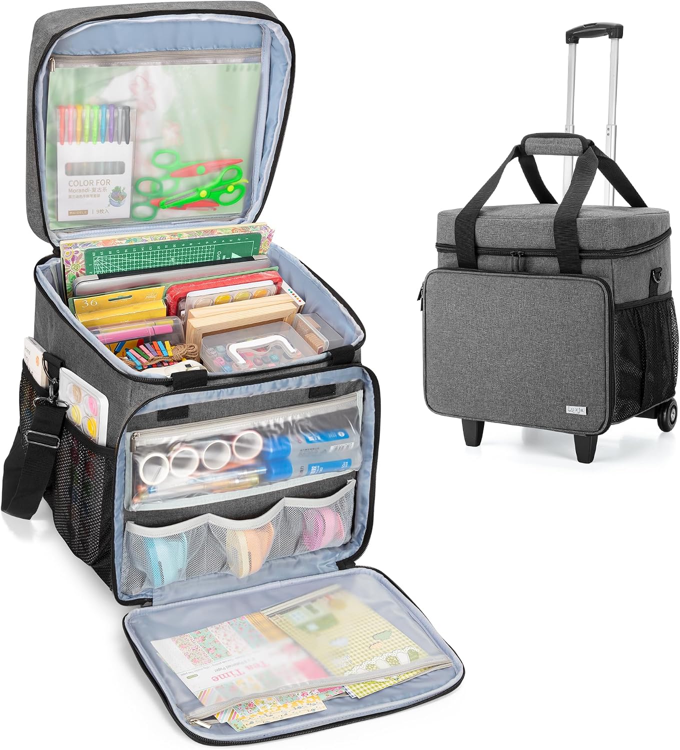 LUXJA Rolling Scrapbook Tote - Detachable Dolly Design for Easy Transport | Gray Dots