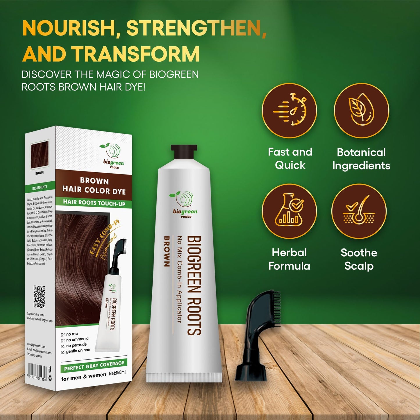 Biogreen Roots Ammonia-Free & Paraben Free Herbal Hair Dye for Women & Men– Gray Coverage with Natural Extracts – Nourishing Brown Hair Dye for Healthy Hair – Brown (150 ml)