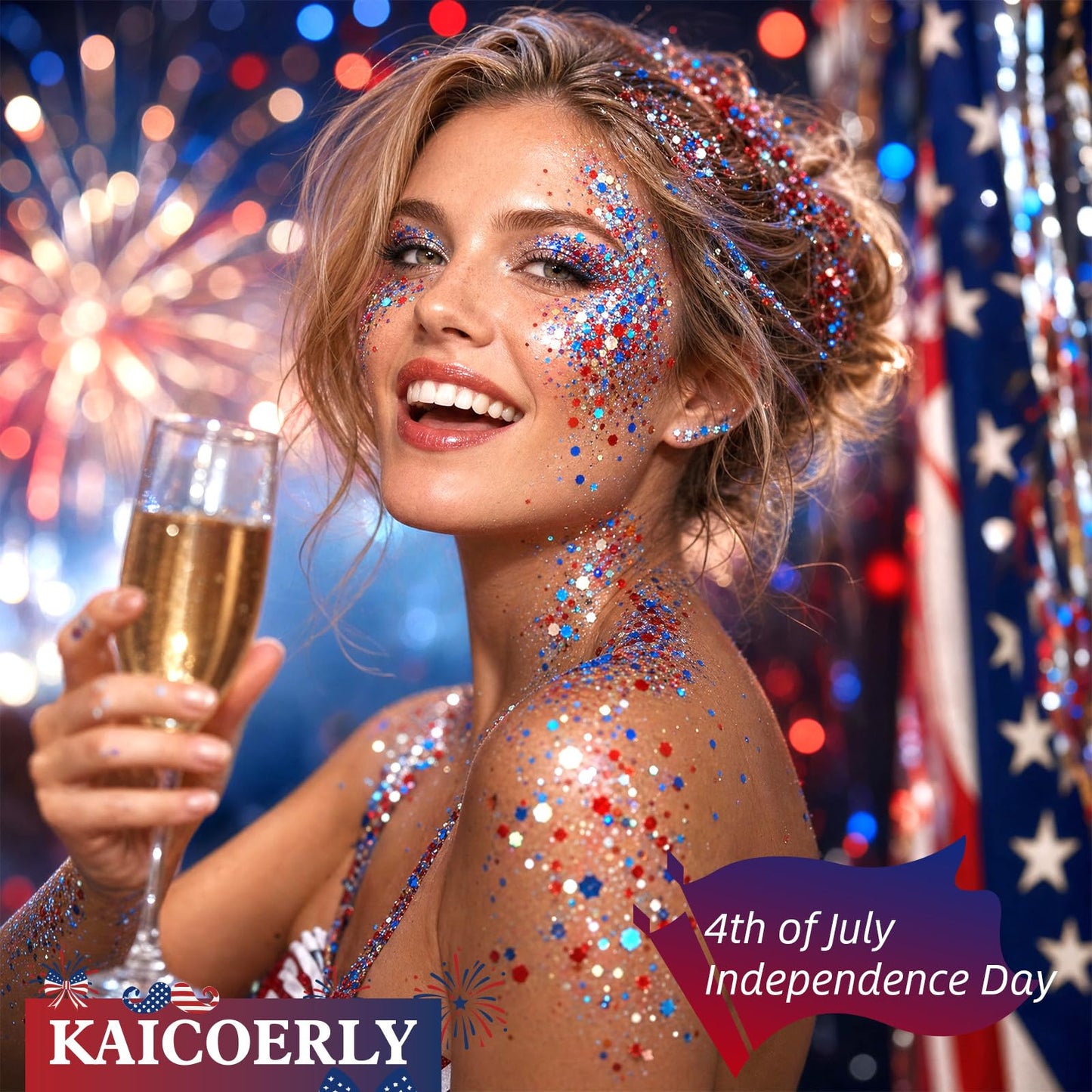 KAICOERLY Patriotic Glitter Stick for Face and Body – Red White and Blue Chunky Sequins, 4th of July Accessories for Women, President's Day Gifts, USA 250th Anniversary Merchandise #13