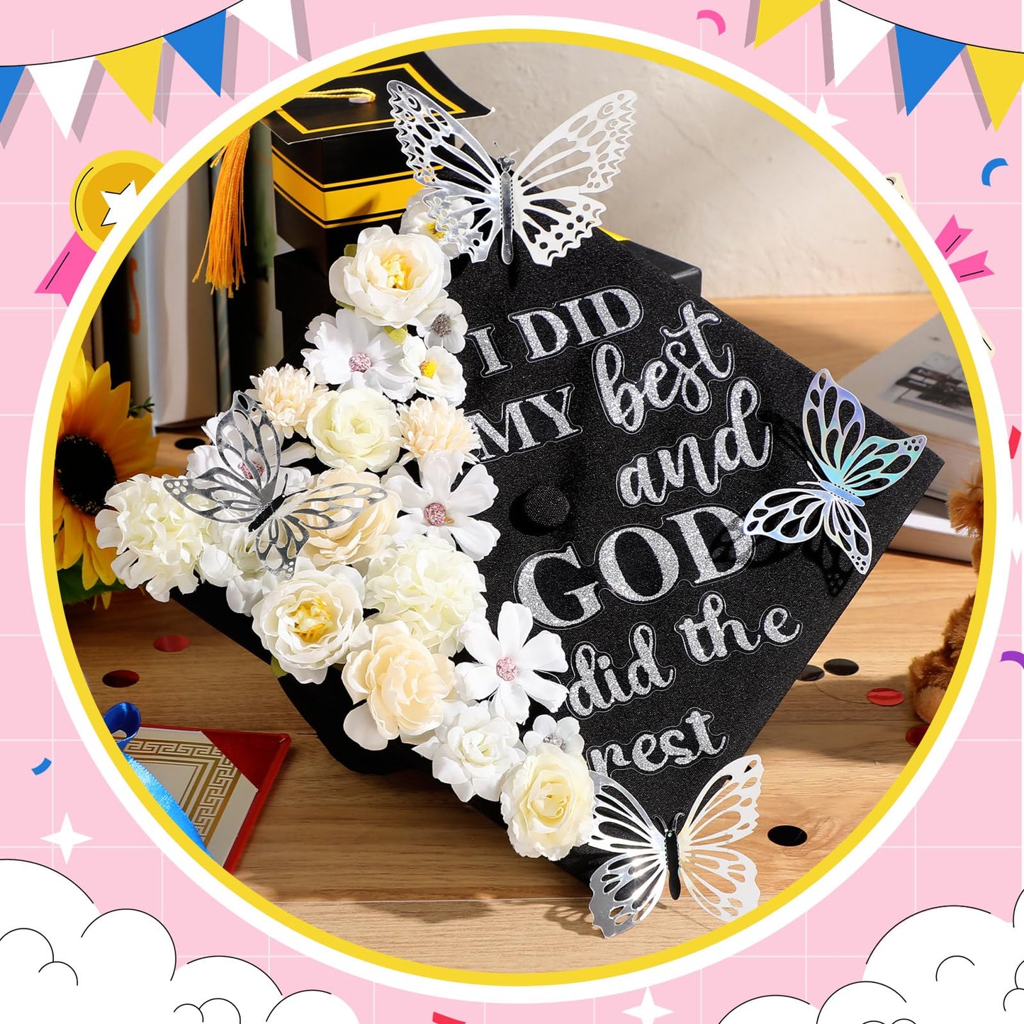 Feifeiya 36 Pcs DIY 2026 Graduation Cap Decorations Accessory Kit Include Faux Flower Heads Graduation Quotes Glitter Stickers 3D Butterfly for Grad Cap Topper DIY Gift(Silver,Inspirational)
